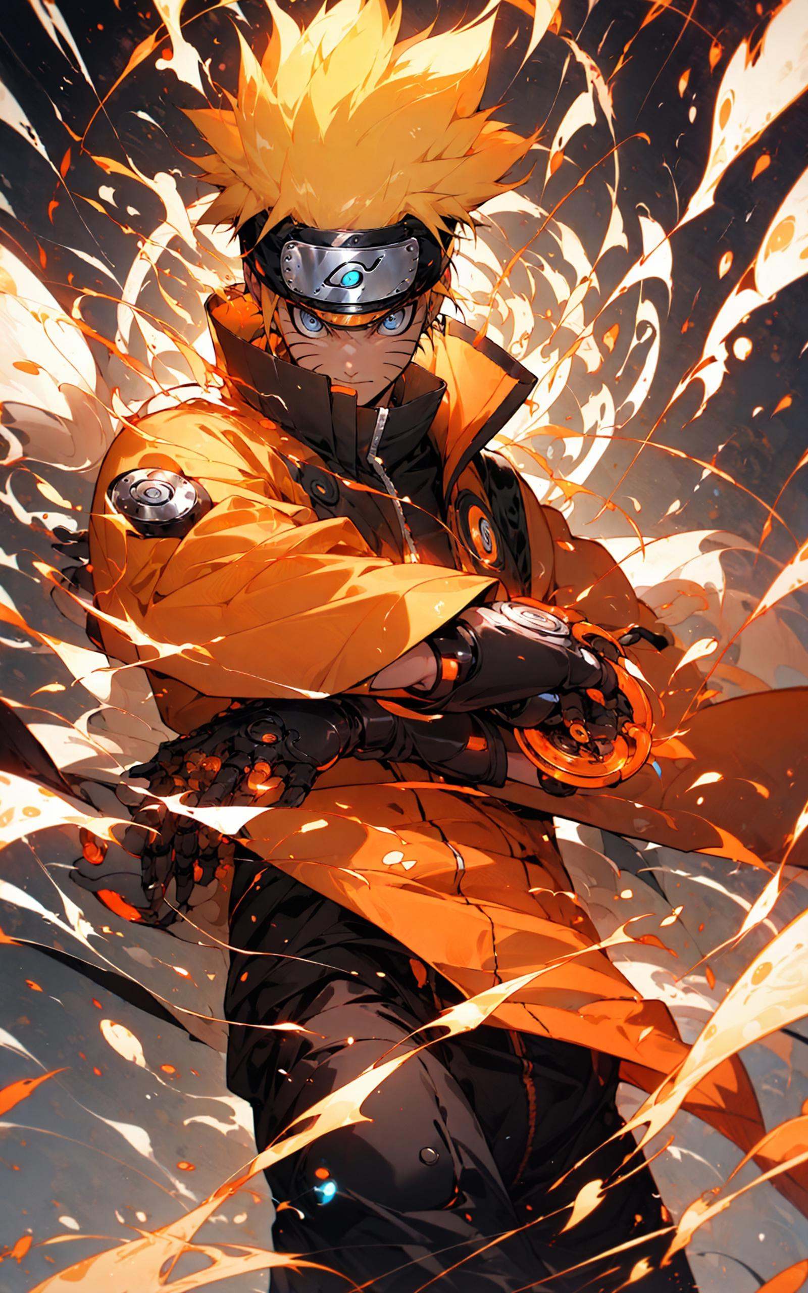 neon street lights, bright neon lights,Uzumaki Naruto from naruto manga wearing tangerine hanbok,intervene, Mechanical armor, mechanical arms,blue eyes, yellow hair， <lora:Naruto_20230804071043-000014:0.8>