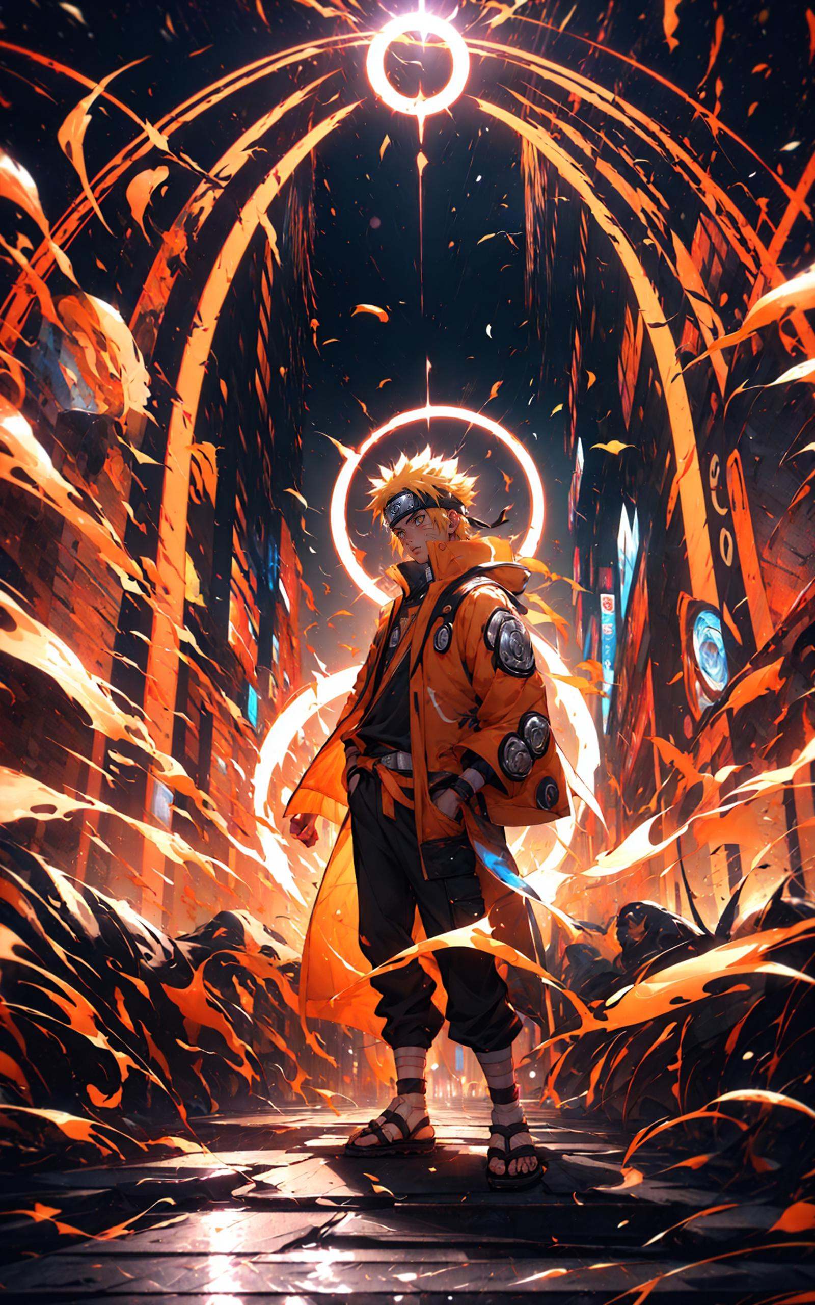 Naruto Uzumaki in Naruto, holographic reality, holographic halo, motion blur, game light effect, rim light, soft light, movie rim light, delicate light, cyberpunk style, oil painting texture, full length shot, 3D artist, detailed, futuristic， <lora:Naruto_20230804071043-000014:0.8>