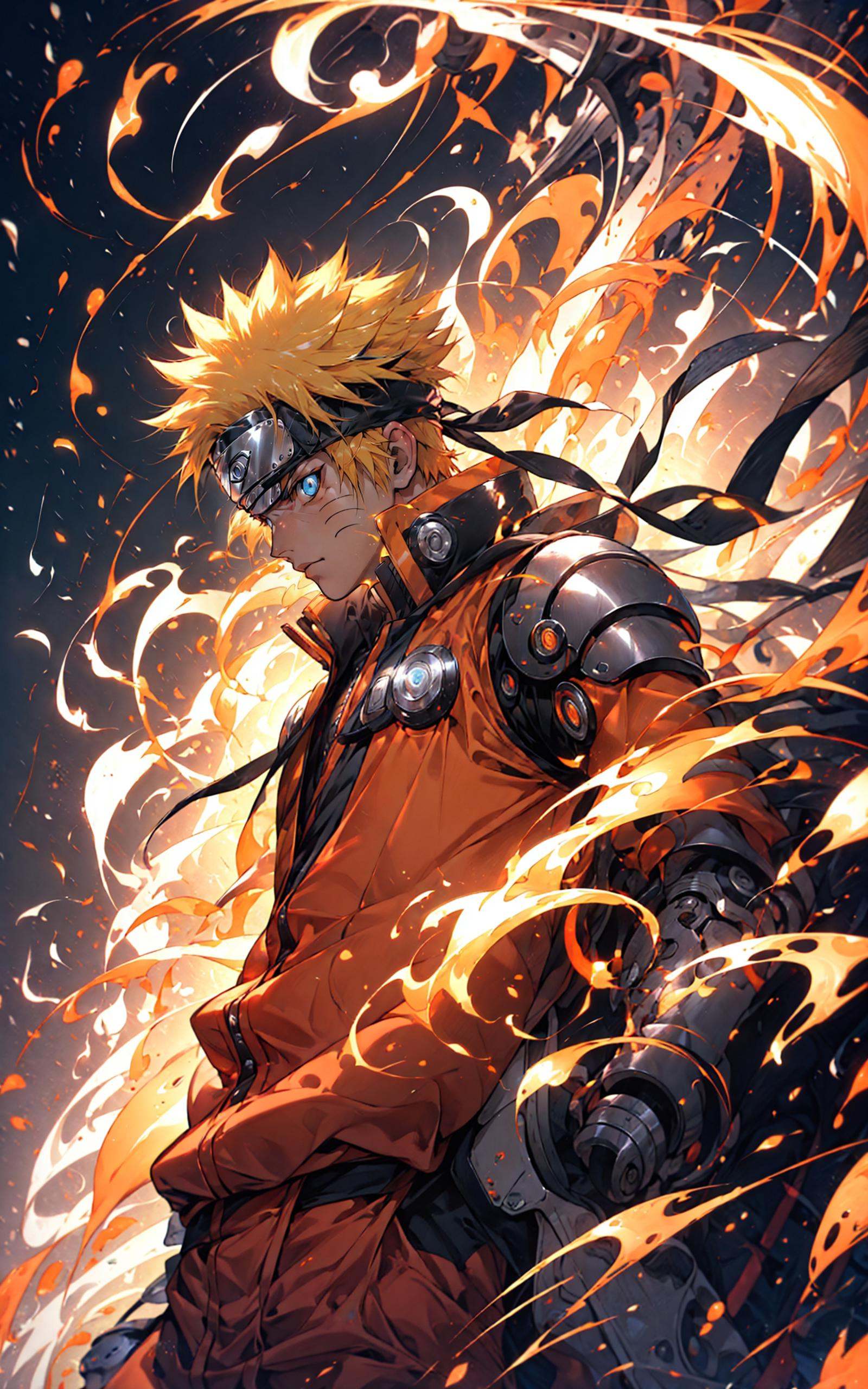 neon street lights, bright neon lights,Uzumaki Naruto from naruto manga wearing tangerine hanbok,intervene, Mechanical armor, mechanical arms,blue eyes, yellow hair， <lora:Naruto_20230804071043-000014:0.8>