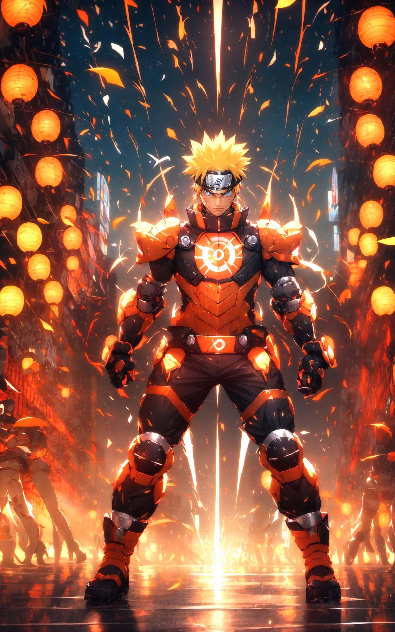neon street lights, bright neon lights,Uzumaki Naruto from naruto manga wearing tangerine hanbok,intervene, Mechanical armor, mechanical arms,blue eyes, yellow hair， <lora:Naruto_20230804071043-000014:0.8>