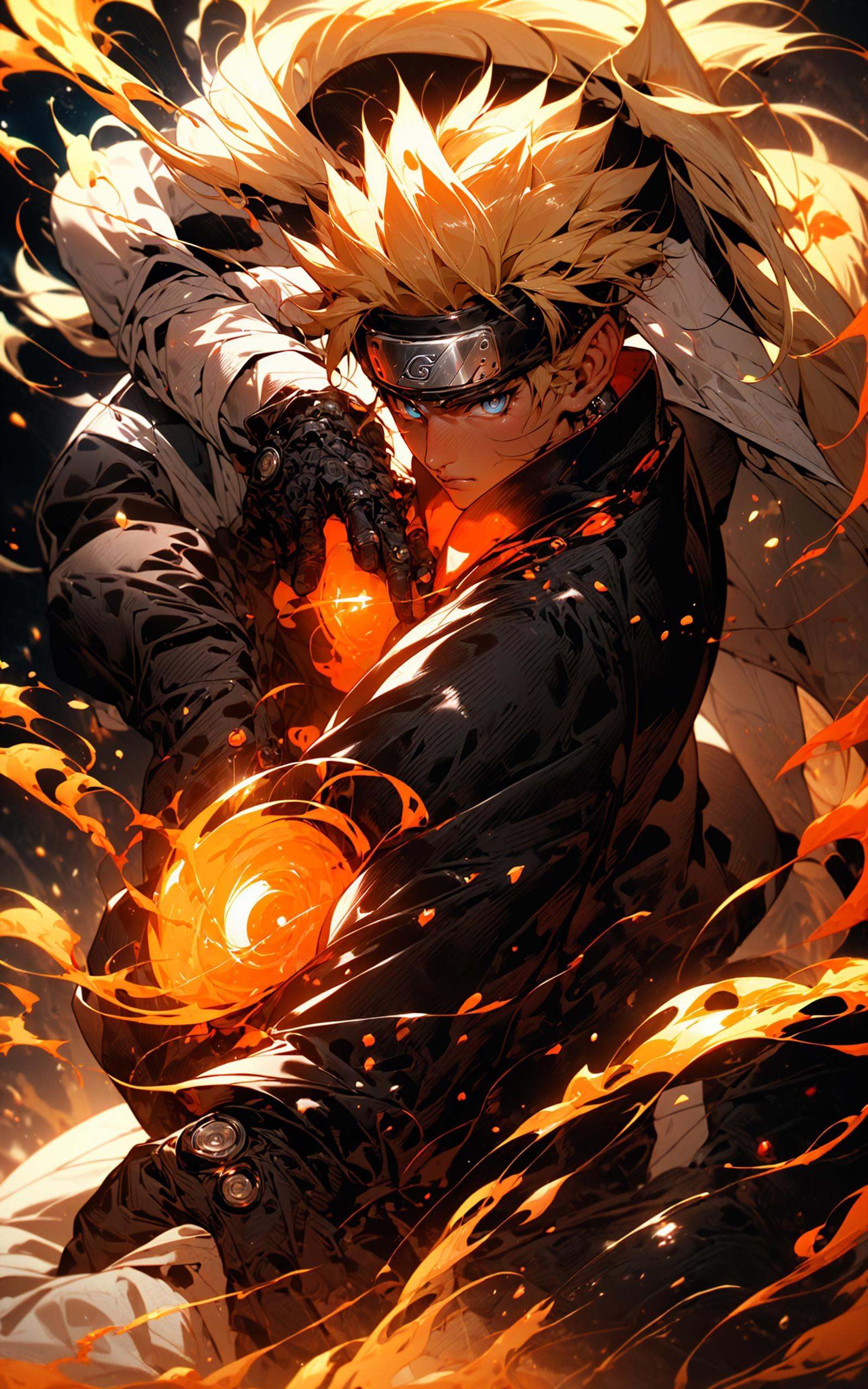 neon street lights, bright neon lights,Uzumaki Naruto from naruto manga wearing tangerine hanbok,intervene, Mechanical armor, mechanical arms,blue eyes, yellow hair， <lora:Naruto_20230804071043-000014:0.8>
