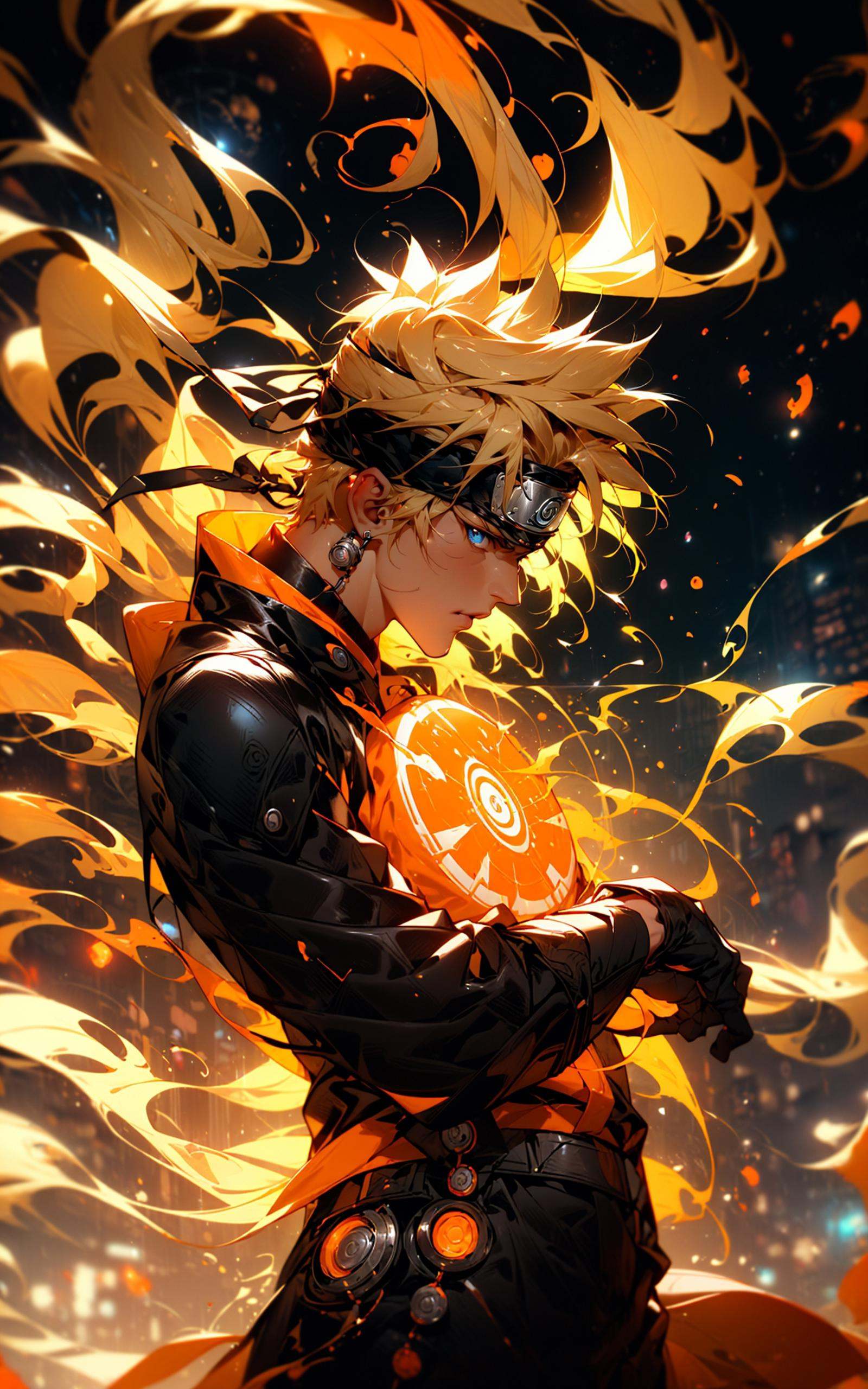neon street lights, bright neon lights,Uzumaki Naruto from naruto manga wearing tangerine hanbok,intervene, Mechanical armor, mechanical arms,blue eyes, yellow hair，<lora:Naruto_20230804071043-000014:0.6>
