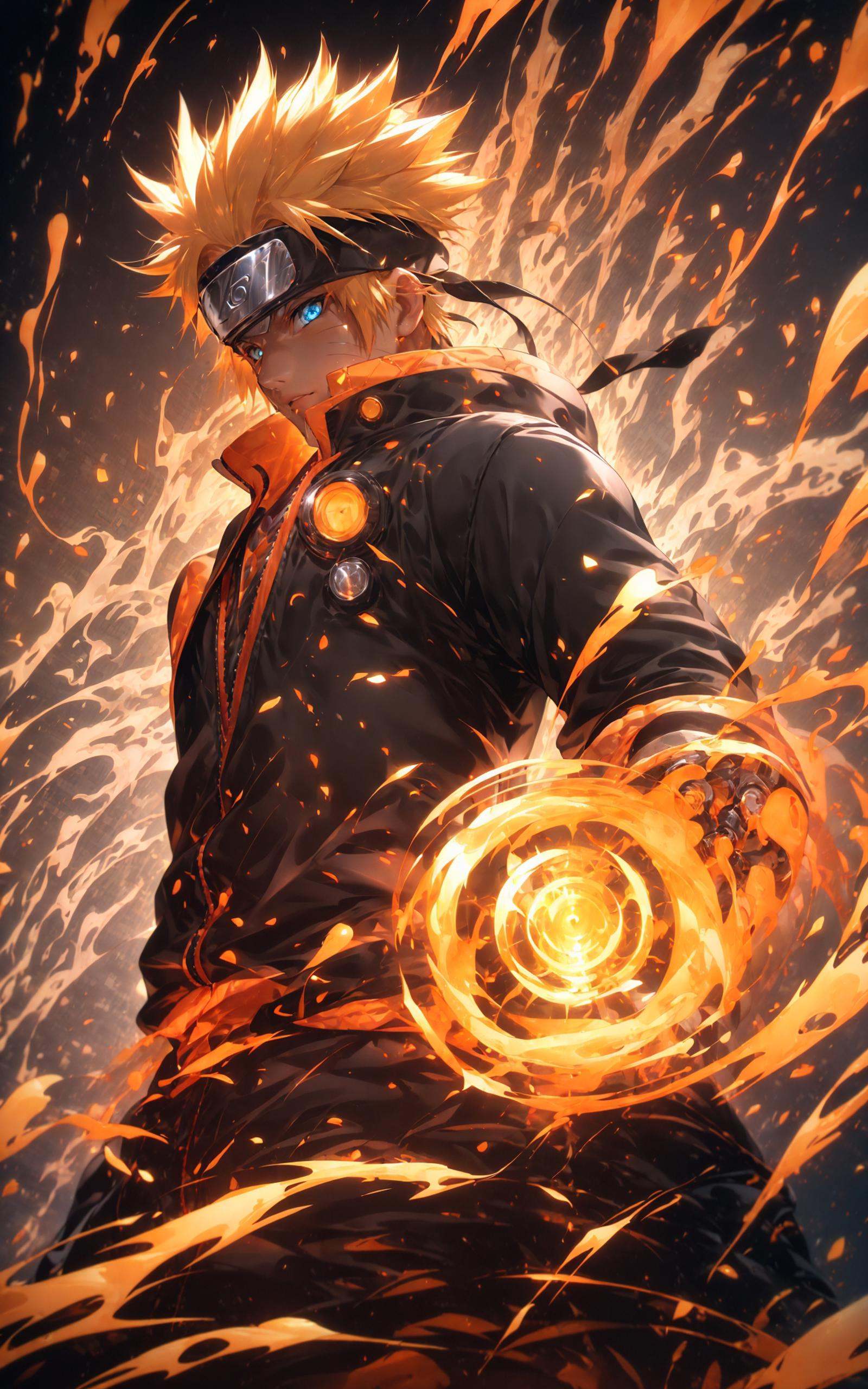 neon street lights, bright neon lights,Uzumaki Naruto from naruto manga wearing tangerine hanbok,intervene, Mechanical armor, mechanical arms,blue eyes, yellow hair， <lora:Naruto_20230804071043-000014:0.8>