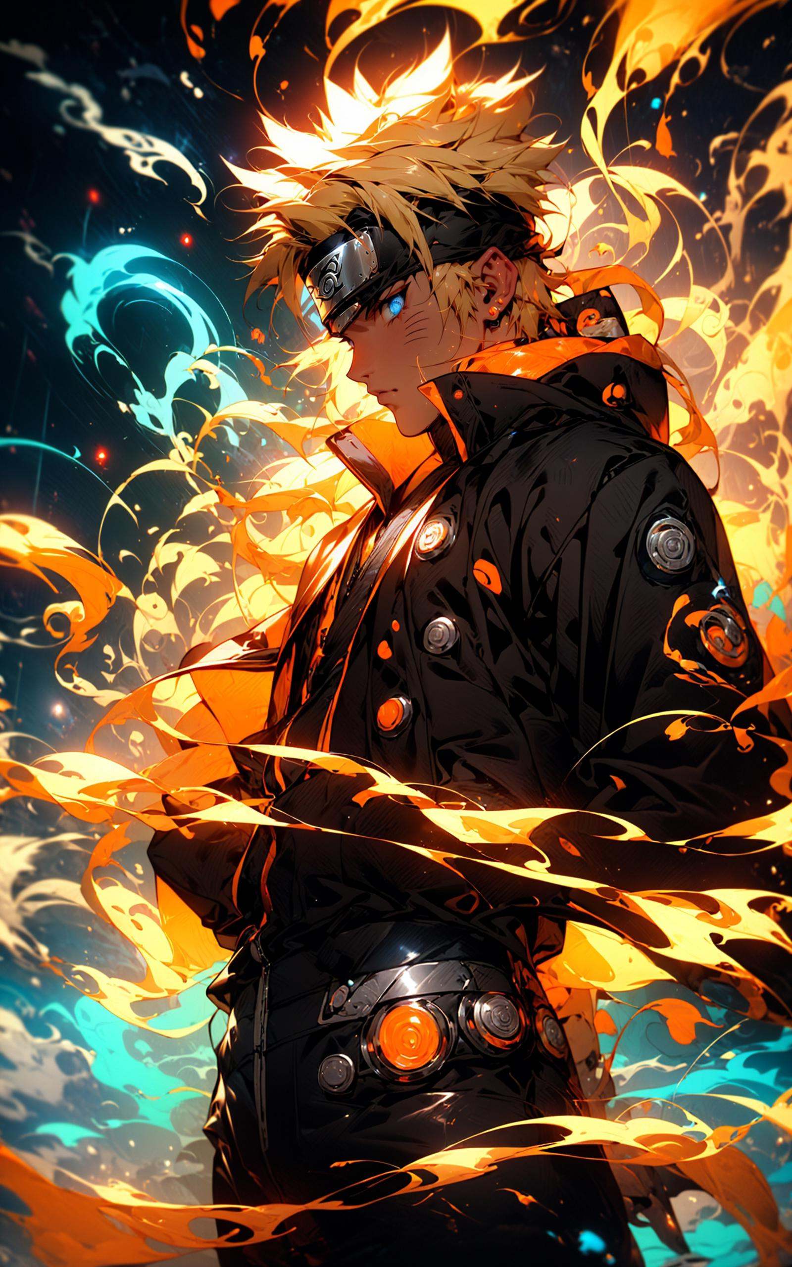 neon street lights, bright neon lights,Uzumaki Naruto from naruto manga wearing tangerine hanbok,intervene, Mechanical armor, mechanical arms,blue eyes, yellow hair， <lora:Naruto_20230804071043-000014:0.8>