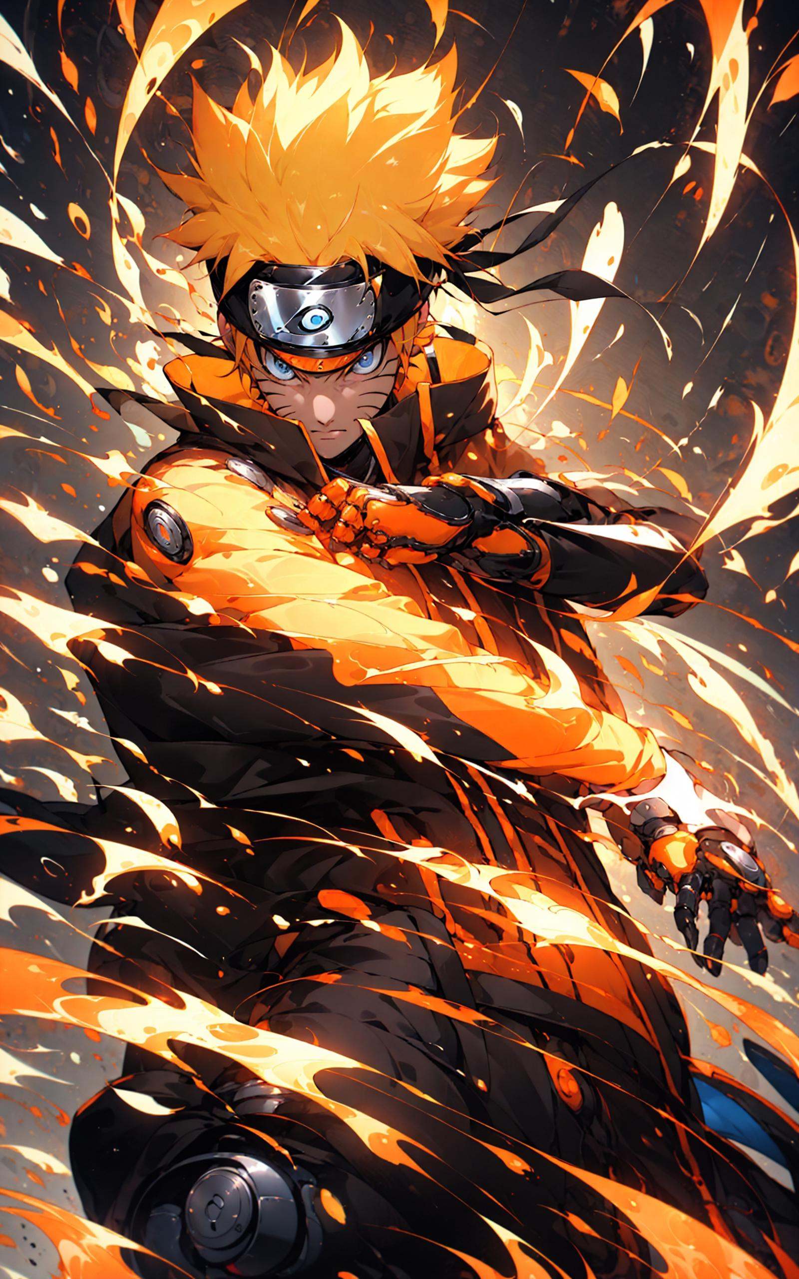 neon street lights, bright neon lights,Uzumaki Naruto from naruto manga wearing tangerine hanbok,intervene, Mechanical armor, mechanical arms,blue eyes, yellow hair， <lora:Naruto_20230804071043-000014:0.8>