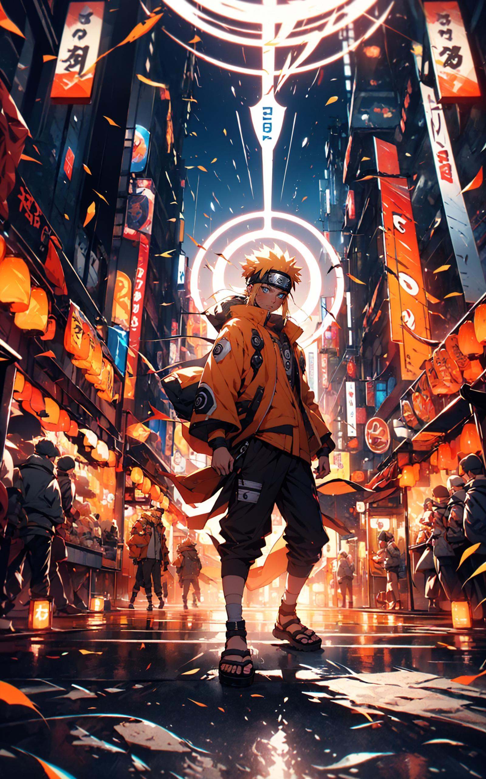 Naruto Uzumaki in Naruto, holographic reality, holographic halo, motion blur, game light effect, rim light, soft light, movie rim light, delicate light, cyberpunk style, oil painting texture, full length shot, 3D artist, detailed, futuristic， <lora:Naruto_20230804071043-000014:0.8>