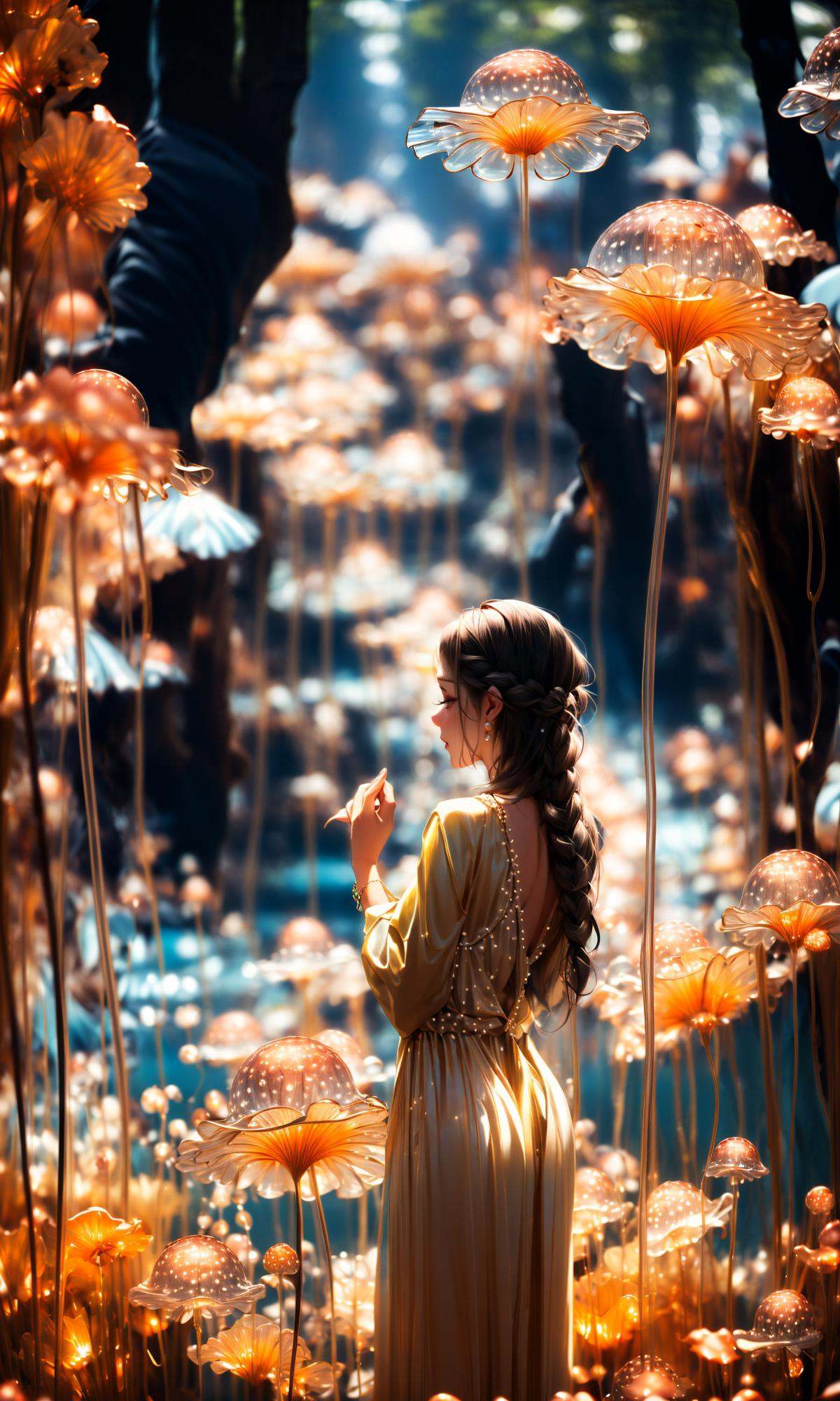 wide shot, blurry background, bokeh,dark, night, depth ffield,(yellow theme:1.3),1girl, solo,from behind, facing away,fantasy, water drop,At the seashore, the horizon where water meets the sky, 1 girl, tranquil, cosplay, Mermaid Princess, sitting on a rock, cascading waves, flowing hair, shimmering scales, adorned with seashells, mesmerizing gaze, turquoise eyes, subtle makeup, curvaceous figure, wearing a pearl-studded tiara, flowing sea-blue gown, barefoot in the sand, gentle breeze, seagulls soaring above, golden sunlight, peaceful atmosphere,glowing,flower,holding, outdoors, scenery,reflection, water, ripples, light particles,forest, bare tree, silhouette,<lora:绪儿-梦幻森林:1>