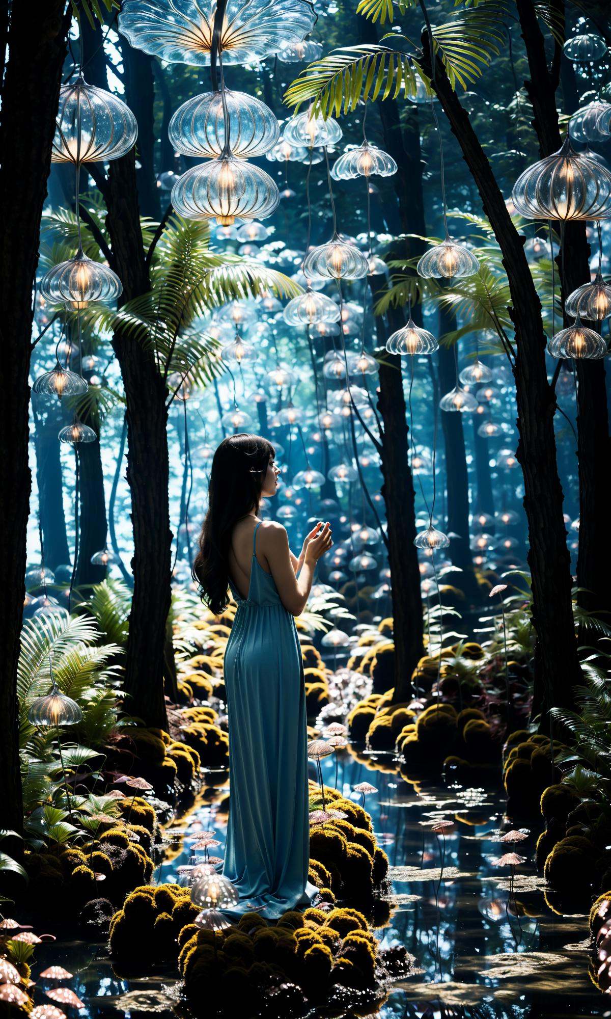 wide shot, blurry background, bokeh,dark, night, depth ffield,(blue theme:1.3),1girl, solo,from behind, facing away,fantasy, water drop,At the seashore, the horizon where water meets the sky, 1 girl, tranquil, cosplay, Mermaid Princess, sitting on a rock, cascading waves, flowing hair, shimmering scales, adorned with seashells, mesmerizing gaze, turquoise eyes, subtle makeup, curvaceous figure, wearing a pearl-studded tiara, flowing sea-blue gown, barefoot in the sand, gentle breeze, seagulls forest, bare tree,( sunlight filtering through trees:1.3), silhouette, soaring above, golden sunlight, peaceful atmosphere, glowing,flower,holding, outdoors, scenery, reflection, water, ripples, light particles, <lora:绪儿-梦幻森林:1>