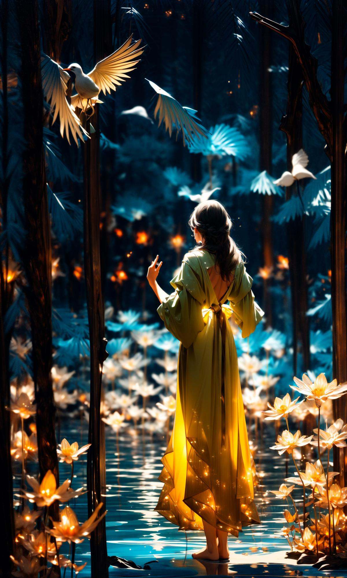 wide shot, blurry background, bokeh,dark, night, depth ffield,(yellow theme:1.3),1girl, solo,from behind, facing away,fantasy, water drop,At the seashore, the horizon where water meets the sky, 1 girl, tranquil, cosplay, Mermaid Princess, sitting on a rock, cascading waves, flowing hair, shimmering scales, adorned with seashells, mesmerizing gaze, turquoise eyes, subtle makeup, curvaceous figure, wearing a pearl-studded tiara, flowing sea-blue gown, barefoot in the sand, gentle breeze, seagulls soaring above, golden sunlight, peaceful atmosphere,glowing,flower,holding, outdoors, scenery,reflection, water, ripples, light particles,forest, bare tree, silhouette,<lora:绪儿-梦幻森林:0.8>