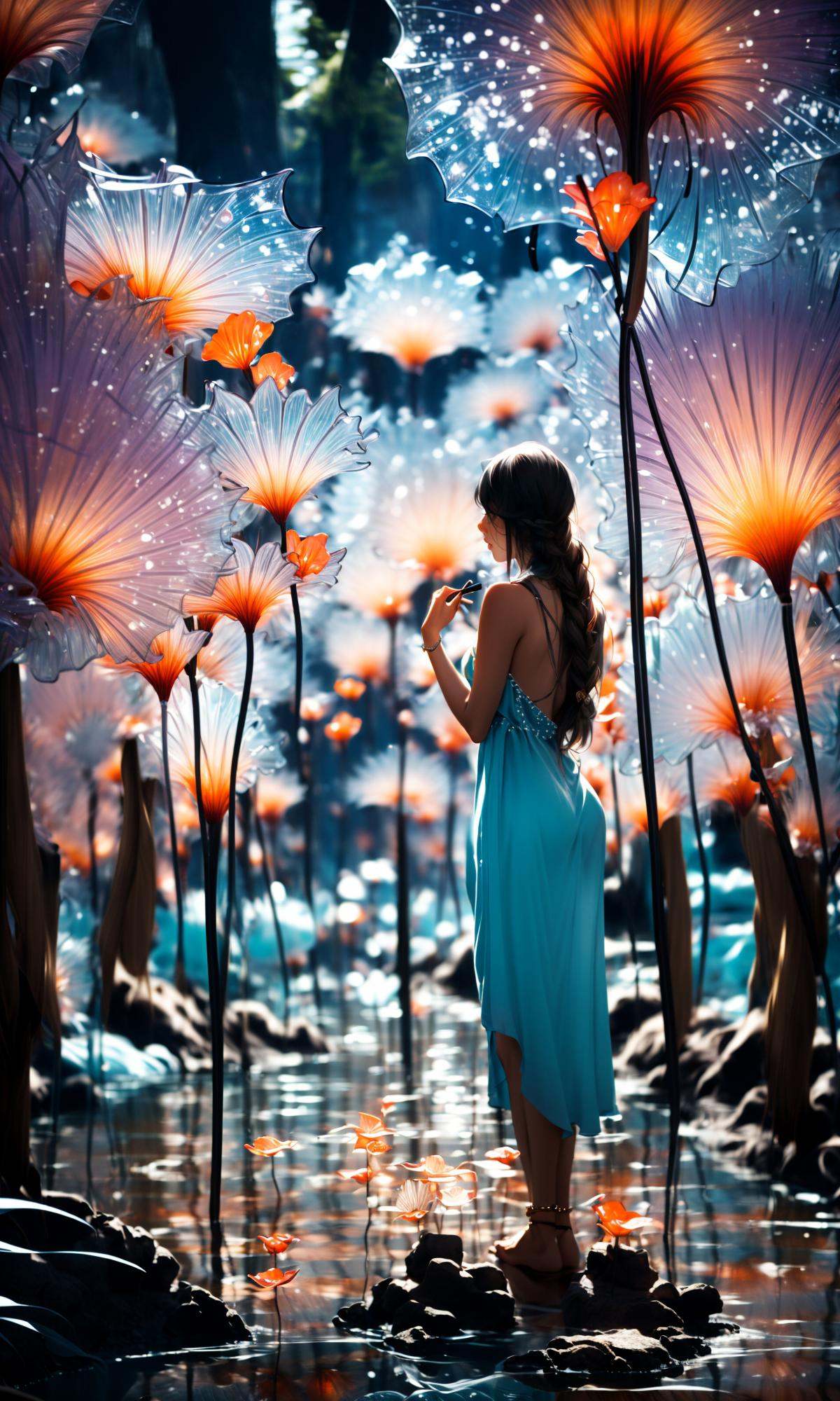 wide shot, blurry background, bokeh,dark, night, depth ffield,(purple theme:1.3),1girl, solo,from behind, facing away,fantasy, water drop,At the seashore, the horizon where water meets the sky, 1 girl, tranquil, cosplay, Mermaid Princess, sitting on a rock, cascading waves, flowing hair, shimmering scales, adorned with seashells, mesmerizing gaze, turquoise eyes, subtle makeup, curvaceous figure, wearing a pearl-studded tiara, flowing sea-blue gown, barefoot in the sand, gentle breeze, seagulls soaring above, golden sunlight, peaceful atmosphere,glowing,flower,holding, outdoors, scenery,reflection, water, ripples, light particles,forest, bare tree, silhouette,<lora:绪儿-梦幻森林:1>