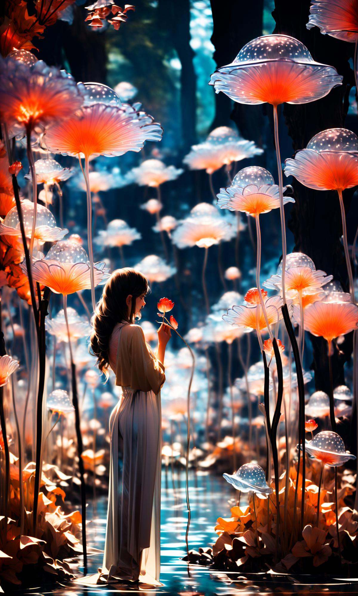 wide shot, blurry background, bokeh,dark, night, depth ffield,(purple theme:1.3),1girl, solo,from behind, facing away,fantasy, water drop,At the seashore, the horizon where water meets the sky, 1 girl, tranquil, cosplay, Mermaid Princess, sitting on a rock, cascading waves, flowing hair, shimmering scales, adorned with seashells, mesmerizing gaze, turquoise eyes, subtle makeup, curvaceous figure, wearing a pearl-studded tiara, flowing sea-blue gown, barefoot in the sand, gentle breeze, seagulls soaring above, golden sunlight, peaceful atmosphere,glowing,flower,holding, outdoors, scenery,reflection, water, ripples, light particles,forest, bare tree, silhouette,<lora:绪儿-梦幻森林:1>