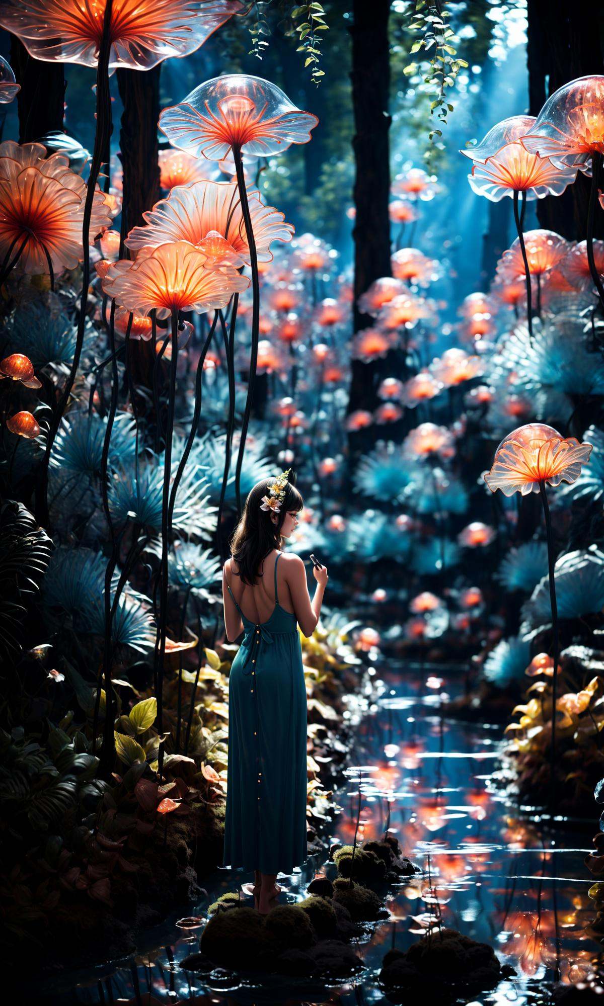 wide shot, blurry background, bokeh,dark, night, depth ffield,(aqua theme:1.3),1girl, solo,from behind, facing away,fantasy, water drop,At the seashore, the horizon where water meets the sky, 1 girl, tranquil, cosplay, Mermaid Princess, sitting on a rock, cascading waves, flowing hair, shimmering scales, adorned with seashells, mesmerizing gaze, turquoise eyes, subtle makeup, curvaceous figure, wearing a pearl-studded tiara, flowing sea-blue gown, barefoot in the sand, gentle breeze, seagulls forest, bare tree, silhouette, soaring above, golden sunlight, peaceful atmosphere, glowing,flower,holding, outdoors, scenery, reflection, water, ripples, light particles, <lora:绪儿-梦幻森林:1>