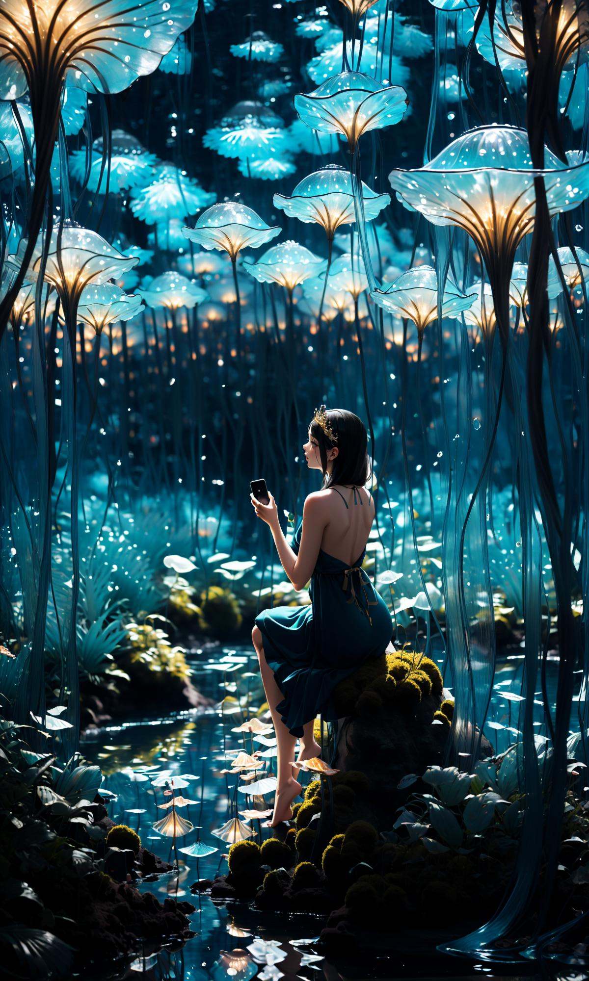 wide shot, blurry background, bokeh,dark, night, depth ffield,(aqua theme:1.3),1girl, solo,from behind, facing away,fantasy, water drop,At the seashore, the horizon where water meets the sky, 1 girl, tranquil, cosplay, Mermaid Princess, sitting on a rock, cascading waves, flowing hair, shimmering scales, adorned with seashells, mesmerizing gaze, turquoise eyes, subtle makeup, curvaceous figure, wearing a pearl-studded tiara, flowing sea-blue gown, barefoot in the sand, gentle breeze, seagulls forest, bare tree, silhouette, soaring above, golden sunlight, peaceful atmosphere, glowing,flower,holding, outdoors, scenery, reflection, water, ripples, light particles, <lora:绪儿-梦幻森林:1>