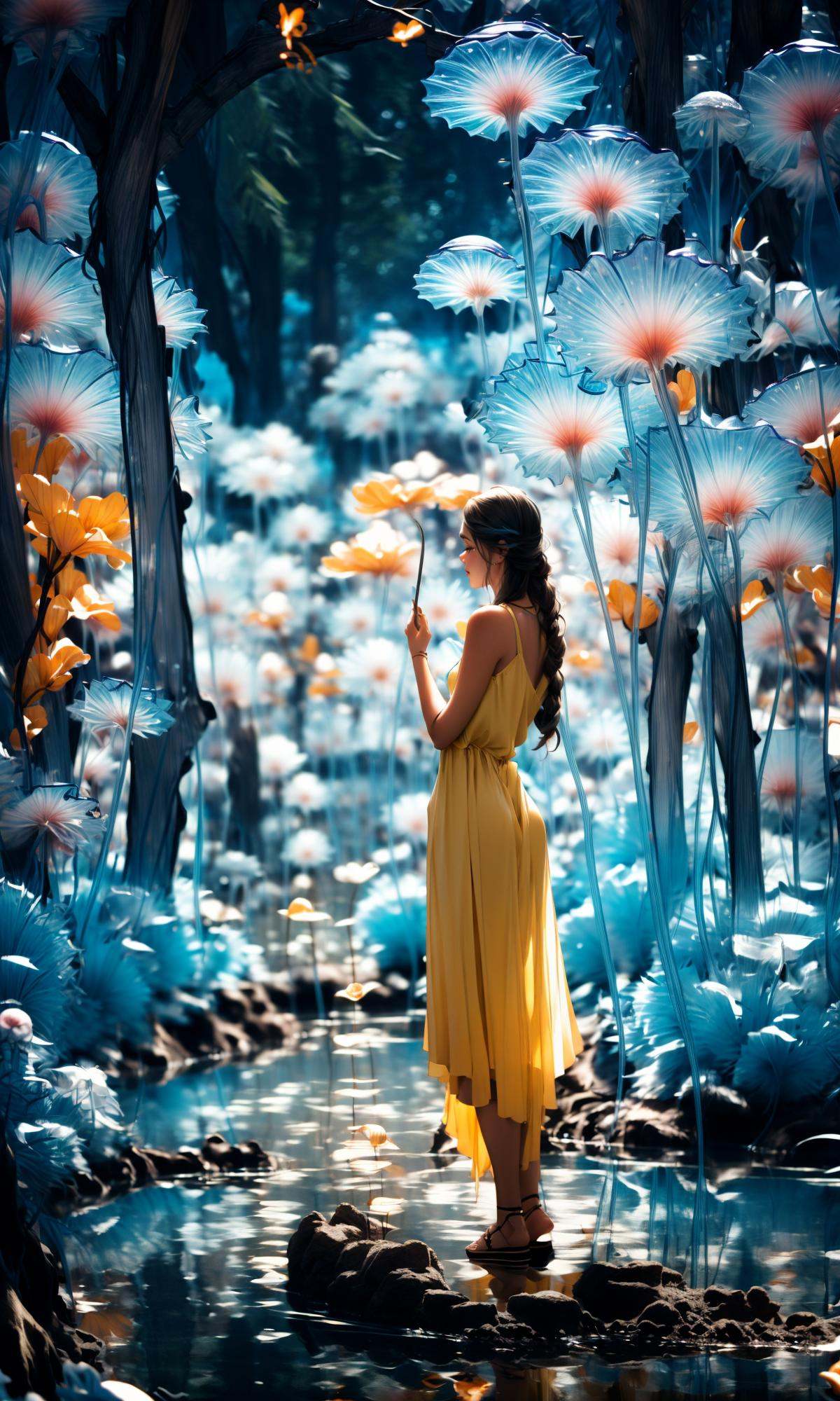 wide shot, blurry background, bokeh,dark, night, depth ffield,(aqua theme:1.3),1girl, solo,from behind, facing away,fantasy, water drop,At the seashore, the horizon where water meets the sky, 1 girl, tranquil, cosplay, Mermaid Princess, sitting on a rock, cascading waves, flowing hair, shimmering scales, adorned with seashells, mesmerizing gaze, turquoise eyes, subtle makeup, curvaceous figure, wearing a pearl-studded tiara, flowing sea-blue gown, barefoot in the sand, gentle breeze, seagulls soaring above, golden sunlight, peaceful atmosphere,glowing,flower,holding, outdoors, scenery,reflection, water, ripples, light particles,forest, bare tree, silhouette,<lora:绪儿-梦幻森林:1>
