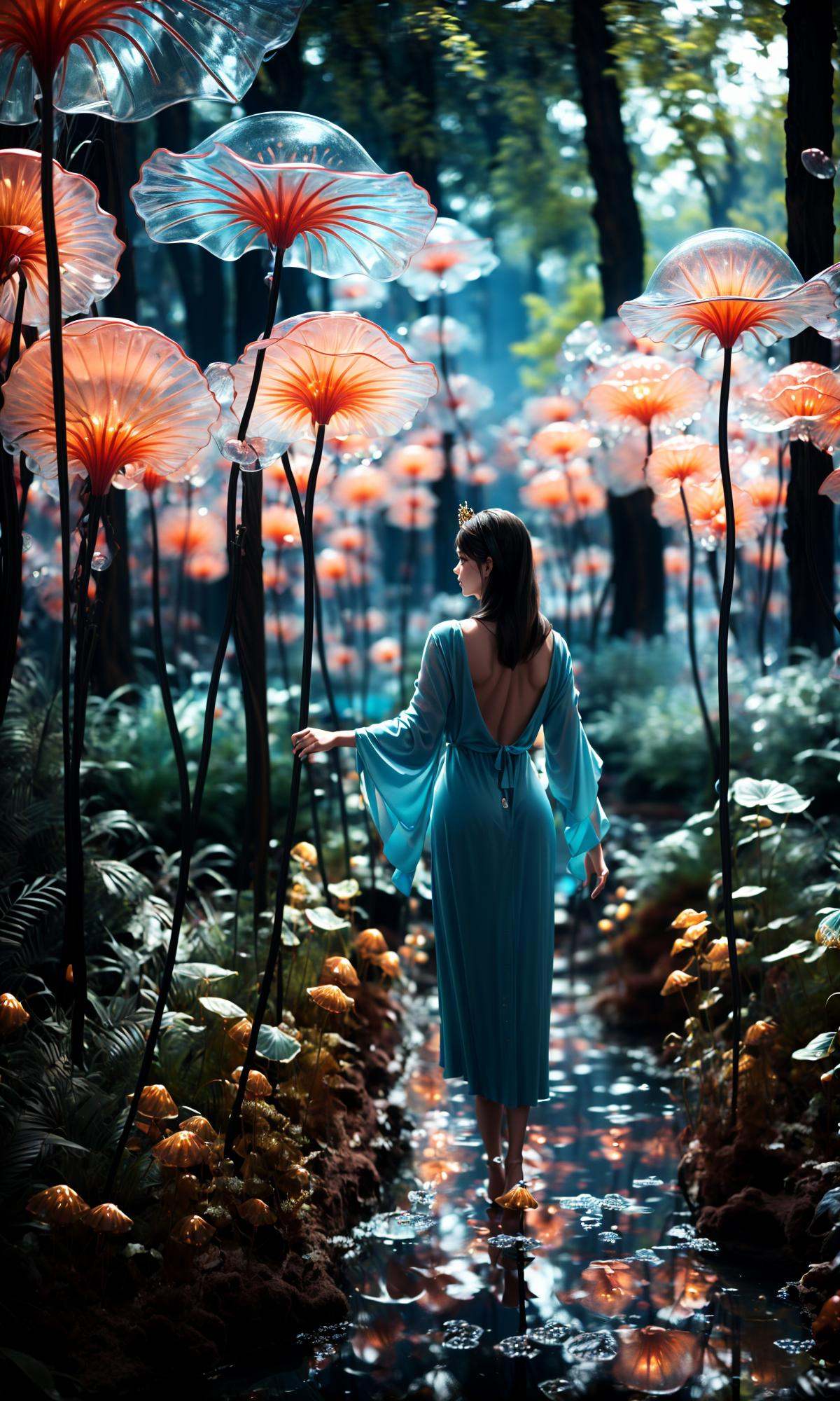 wide shot, blurry background, bokeh,dark, night, depth ffield,(aqua theme:1.3),1girl, solo,from behind, facing away,fantasy, water drop,At the seashore, the horizon where water meets the sky, 1 girl, tranquil, cosplay, Mermaid Princess, sitting on a rock, cascading waves, flowing hair, shimmering scales, adorned with seashells, mesmerizing gaze, turquoise eyes, subtle makeup, curvaceous figure, wearing a pearl-studded tiara, flowing sea-blue gown, barefoot in the sand, gentle breeze, seagulls forest, bare tree, silhouette, soaring above, golden sunlight, peaceful atmosphere, glowing,flower,holding, outdoors, scenery, reflection, water, ripples, light particles, <lora:绪儿-梦幻森林:1>