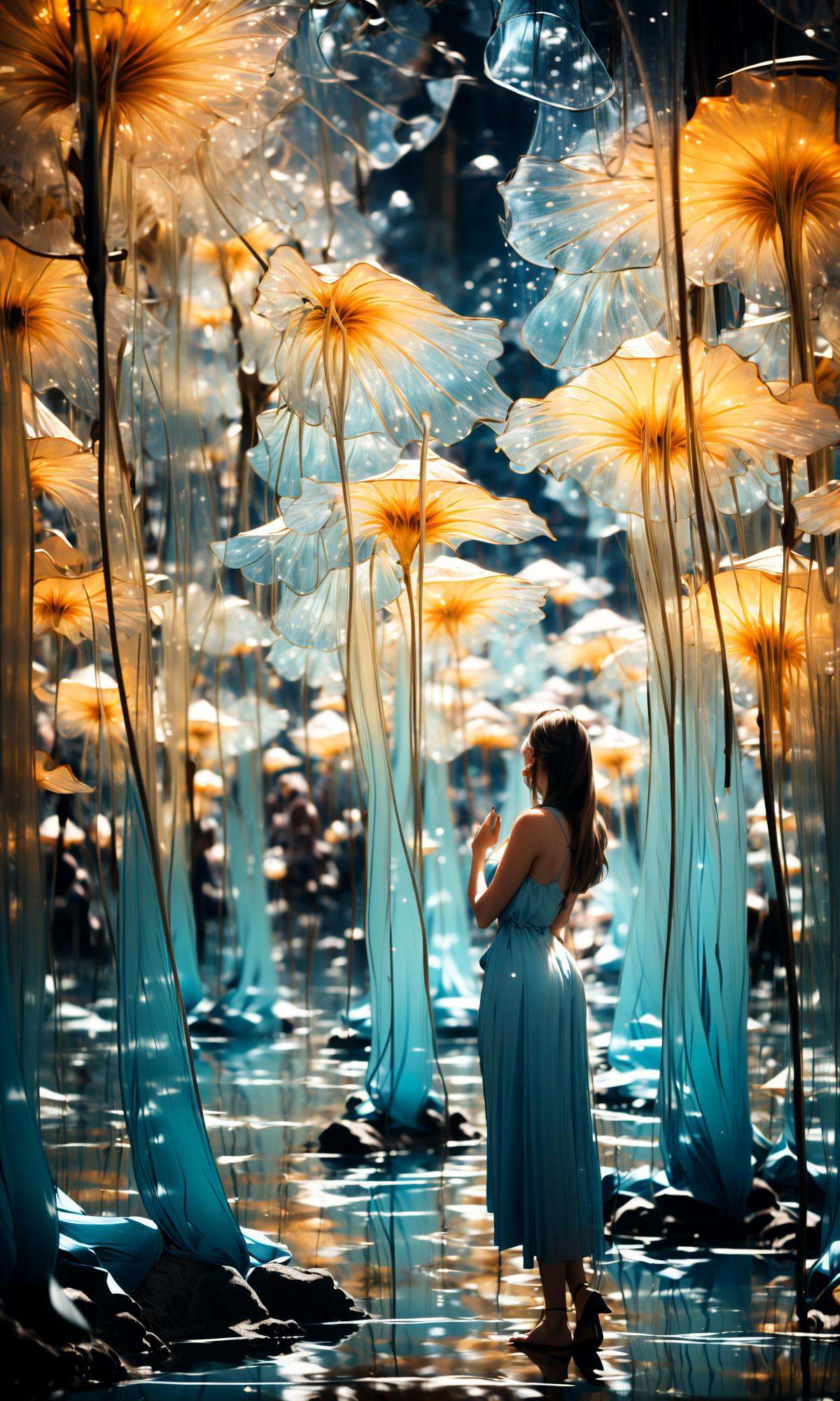 wide shot, blurry background, bokeh,dark, night, depth ffield,(yellow theme:1.3),1girl, solo,from behind, facing away,fantasy, water drop,At the seashore, the horizon where water meets the sky, 1 girl, tranquil, cosplay, Mermaid Princess, sitting on a rock, cascading waves, flowing hair, shimmering scales, adorned with seashells, mesmerizing gaze, turquoise eyes, subtle makeup, curvaceous figure, wearing a pearl-studded tiara, flowing sea-blue gown, barefoot in the sand, gentle breeze, seagulls soaring above, golden sunlight, peaceful atmosphere,glowing,flower,holding, outdoors, scenery,reflection, water, ripples, light particles,forest, bare tree, silhouette,<lora:绪儿-梦幻森林:1>