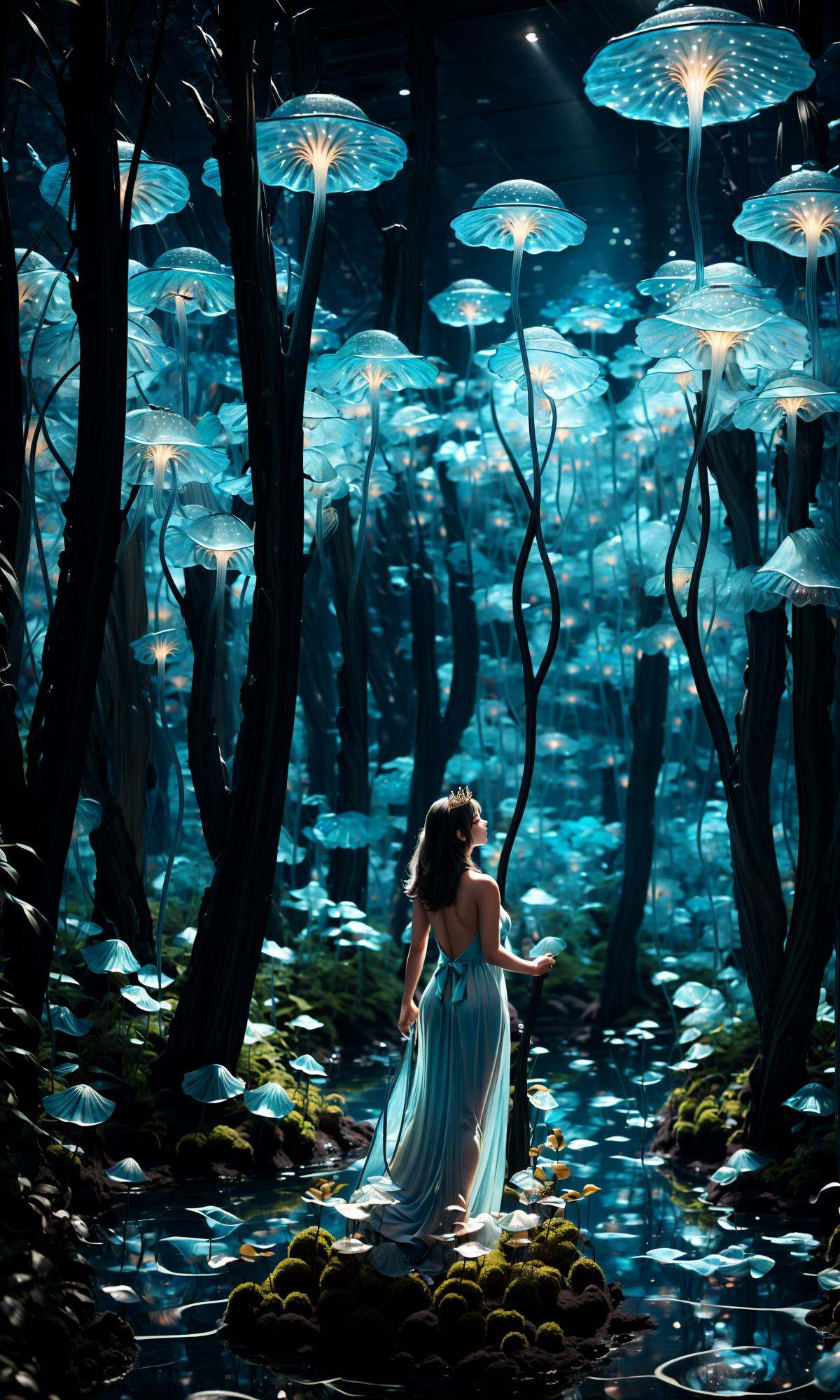 wide shot, blurry background, bokeh,dark, night, depth ffield,(aqua theme:1.3),1girl, solo,from behind, facing away,fantasy, water drop,At the seashore, the horizon where water meets the sky, 1 girl, tranquil, cosplay, Mermaid Princess, sitting on a rock, cascading waves, flowing hair, shimmering scales, adorned with seashells, mesmerizing gaze, turquoise eyes, subtle makeup, curvaceous figure, wearing a pearl-studded tiara, flowing sea-blue gown, barefoot in the sand, gentle breeze, seagulls forest, bare tree, silhouette, soaring above, golden sunlight, peaceful atmosphere, glowing,flower,holding, outdoors, scenery, reflection, water, ripples, light particles, <lora:绪儿-梦幻森林:1>