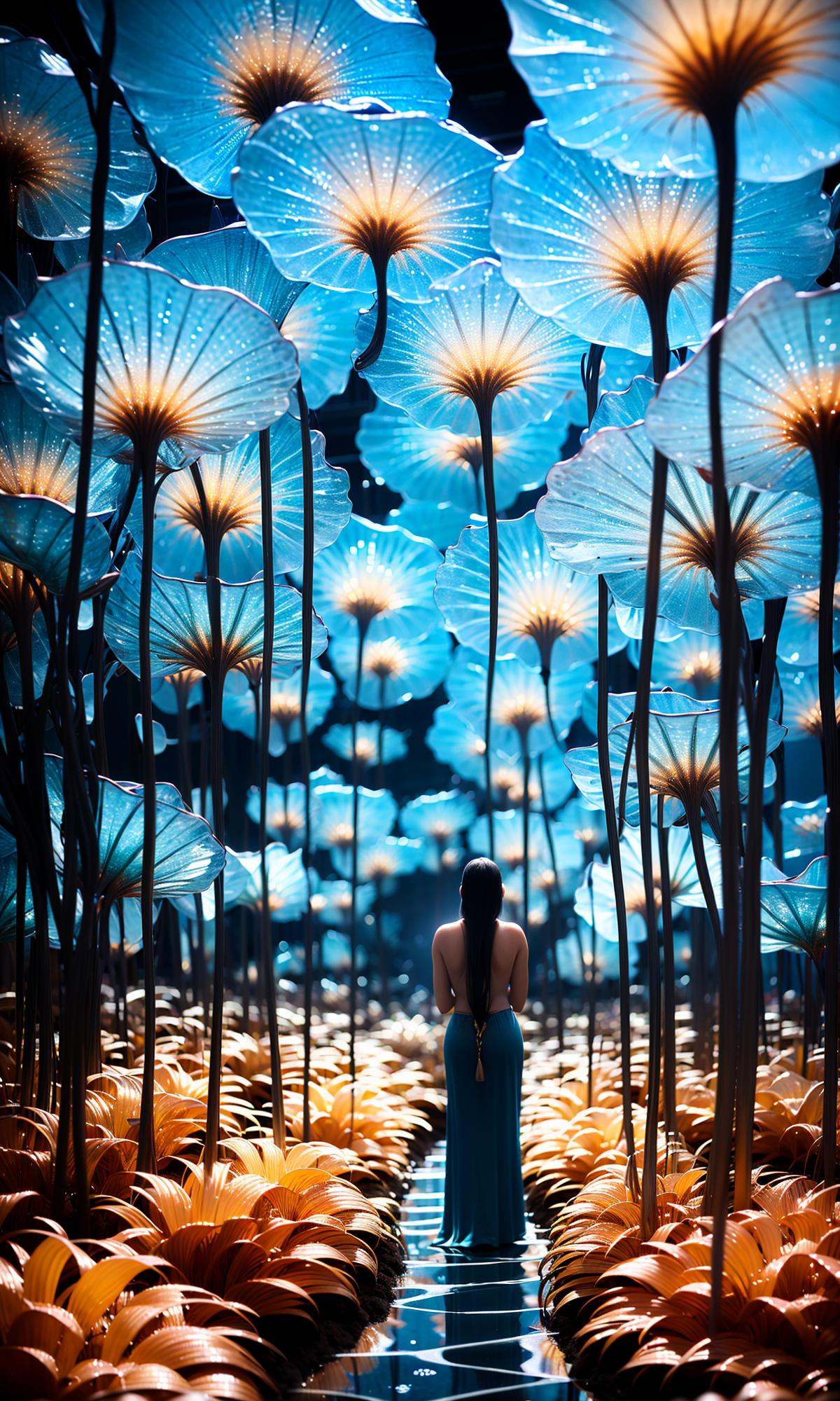 wide shot, blurry background, bokeh,dark, night, depth ffield,(blue theme:1.3),1girl, solo,from behind, facing away,fantasy, water drop,At the seashore, the horizon where water meets the sky, 1 girl, tranquil, cosplay, Mermaid Princess, sitting on a rock, cascading waves, flowing hair, shimmering scales, adorned with seashells, mesmerizing gaze, turquoise eyes, subtle makeup, curvaceous figure, wearing a pearl-studded tiara, flowing sea-blue gown, barefoot in the sand, gentle breeze, seagulls soaring above, golden sunlight, peaceful atmosphere,glowing,flower,holding, outdoors, scenery,reflection, water, ripples, light particles,forest, bare tree, silhouette,<lora:绪儿-梦幻森林:0.95>