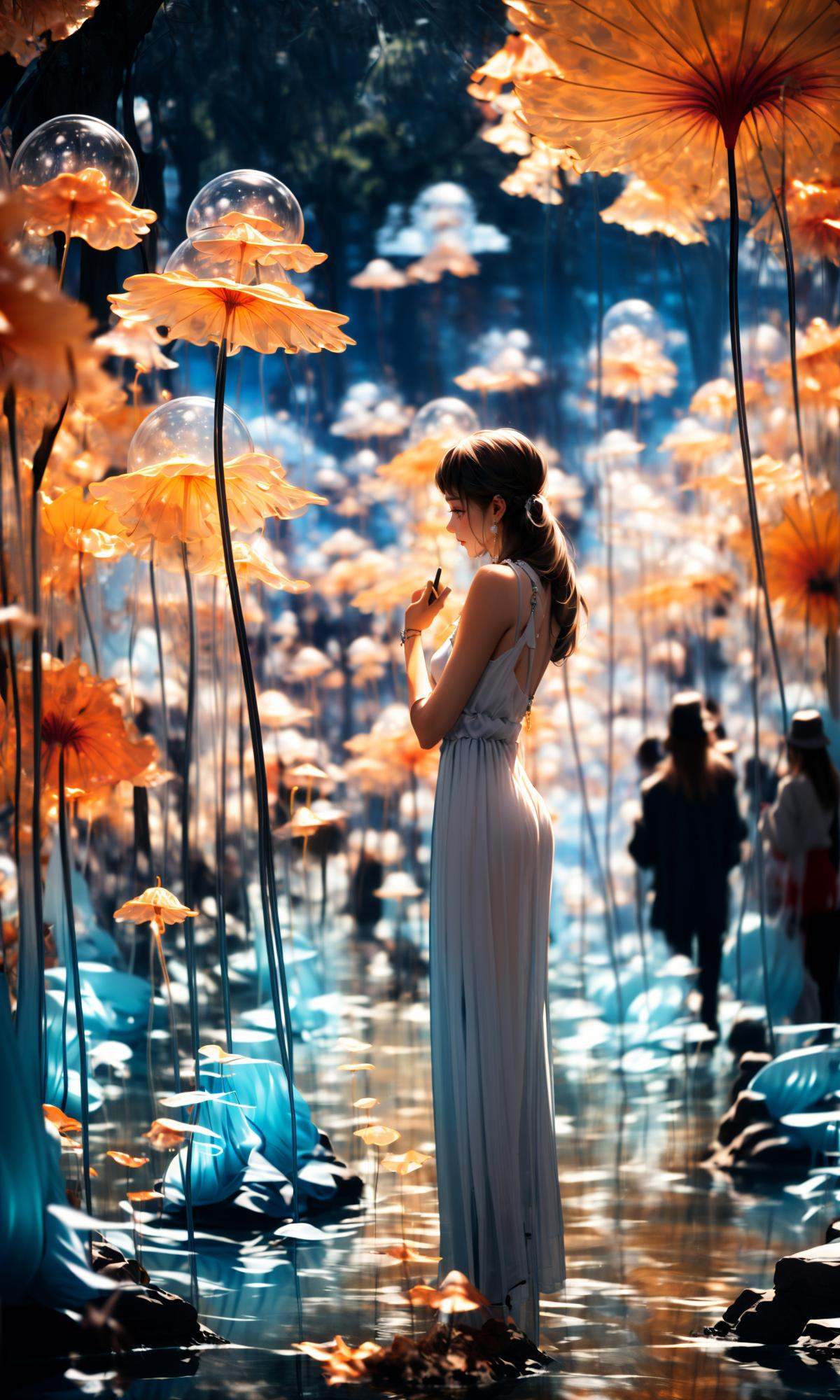 wide shot, blurry background, bokeh,dark, night, depth ffield,(purple theme:1.3),1girl, solo,from behind, facing away,fantasy, water drop,At the seashore, the horizon where water meets the sky, 1 girl, tranquil, cosplay, Mermaid Princess, sitting on a rock, cascading waves, flowing hair, shimmering scales, adorned with seashells, mesmerizing gaze, turquoise eyes, subtle makeup, curvaceous figure, wearing a pearl-studded tiara, flowing sea-blue gown, barefoot in the sand, gentle breeze, seagulls soaring above, golden sunlight, peaceful atmosphere,glowing,flower,holding, outdoors, scenery,reflection, water, ripples, light particles,forest, bare tree, silhouette,<lora:绪儿-梦幻森林:1>