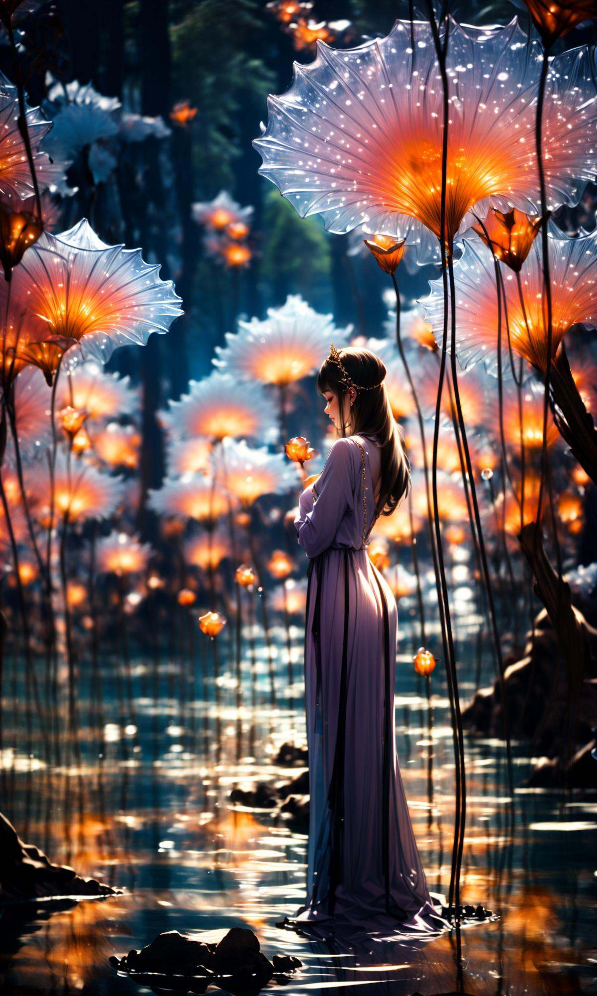 wide shot, blurry background, bokeh,dark, night, depth ffield,(purple theme:1.3),1girl, solo,from behind, facing away,fantasy, water drop,At the seashore, the horizon where water meets the sky, 1 girl, tranquil, cosplay, Mermaid Princess, sitting on a rock, cascading waves, flowing hair, shimmering scales, adorned with seashells, mesmerizing gaze, turquoise eyes, subtle makeup, curvaceous figure, wearing a pearl-studded tiara, flowing sea-blue gown, barefoot in the sand, gentle breeze, seagulls soaring above, golden sunlight, peaceful atmosphere,glowing,flower,holding, outdoors, scenery,reflection, water, ripples, light particles,forest, bare tree, silhouette,<lora:绪儿-梦幻森林:1>