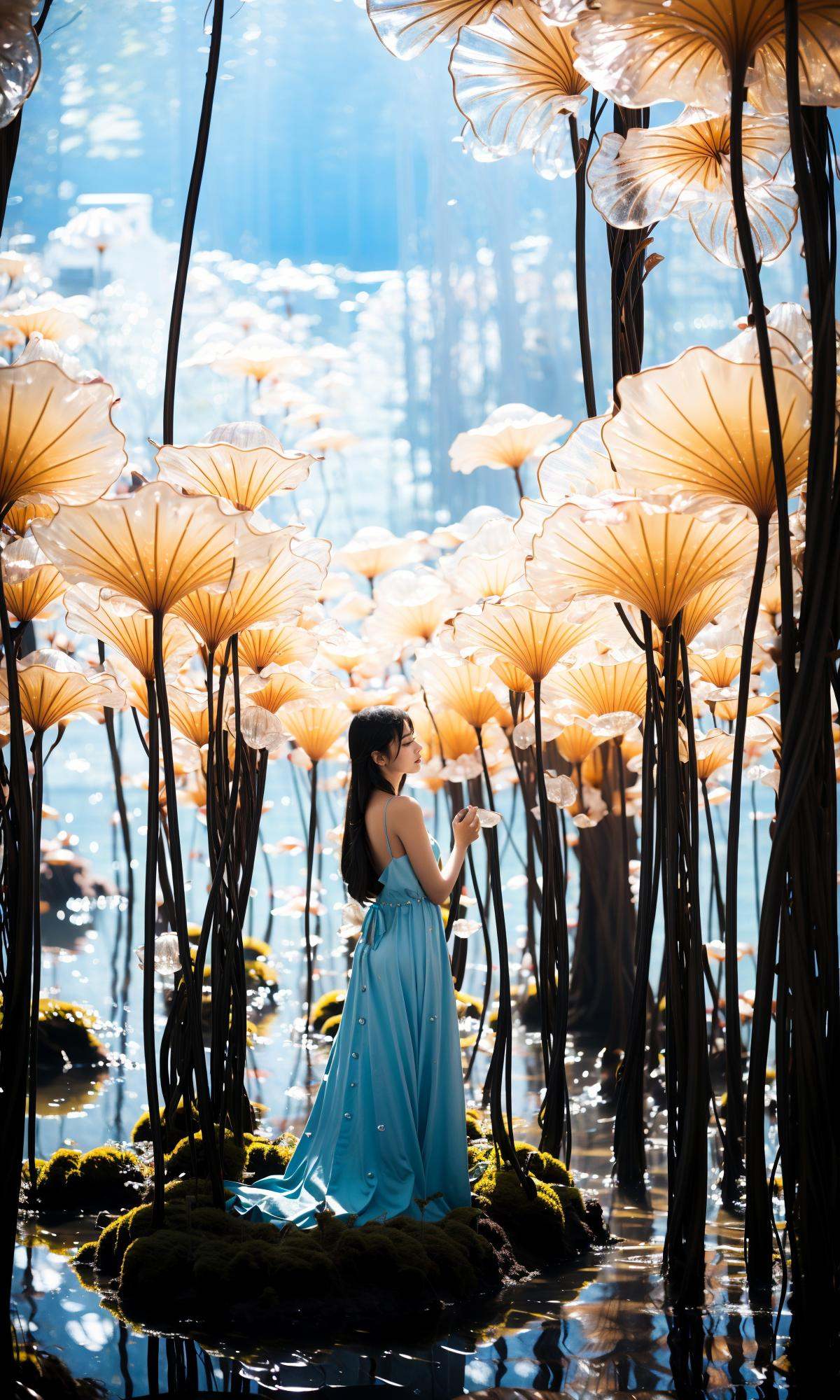 wide shot, blurry background, bokeh,dark, night, depth ffield,(blue theme:1.3),1girl, solo,from behind, facing away,fantasy, water drop,At the seashore, the horizon where water meets the sky, 1 girl, tranquil, cosplay, Mermaid Princess, sitting on a rock, cascading waves, flowing hair, shimmering scales, adorned with seashells, mesmerizing gaze, turquoise eyes, subtle makeup, curvaceous figure, wearing a pearl-studded tiara, flowing sea-blue gown, barefoot in the sand, gentle breeze, seagulls soaring above, golden sunlight, peaceful atmosphere,glowing,flower,holding, outdoors, scenery,reflection, water, ripples, light particles,forest, bare tree, silhouette,<lora:绪儿-梦幻森林:0.95>