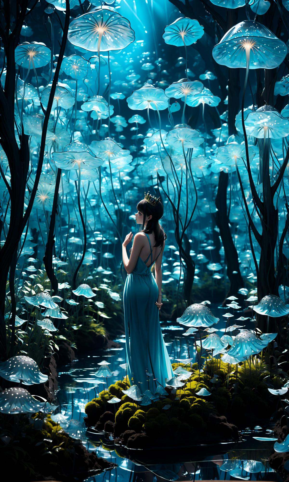 wide shot, blurry background, bokeh,dark, night, depth ffield,(aqua theme:1.3),1girl, solo,from behind, facing away,fantasy, water drop,At the seashore, the horizon where water meets the sky, 1 girl, tranquil, cosplay, Mermaid Princess, sitting on a rock, cascading waves, flowing hair, shimmering scales, adorned with seashells, mesmerizing gaze, turquoise eyes, subtle makeup, curvaceous figure, wearing a pearl-studded tiara, flowing sea-blue gown, barefoot in the sand, gentle breeze, seagulls forest, bare tree, silhouette, soaring above, golden sunlight, peaceful atmosphere, glowing,flower,holding, outdoors, scenery, reflection, water, ripples, light particles, <lora:绪儿-梦幻森林:1>