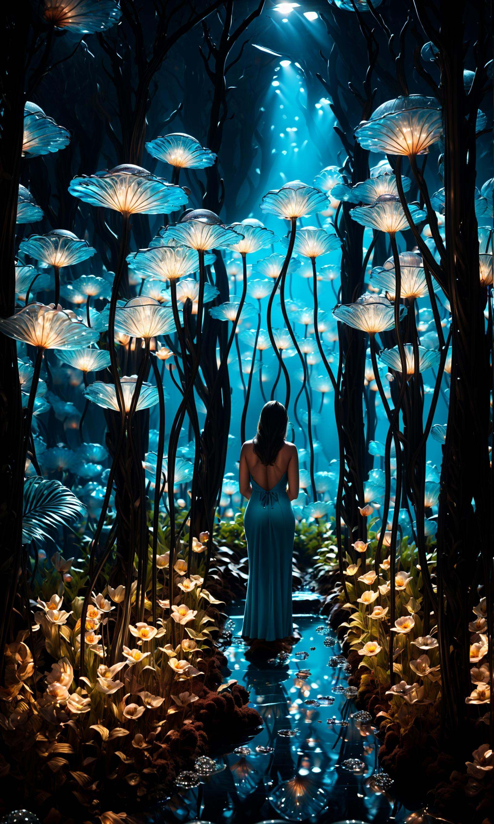 wide shot, blurry background, bokeh,dark, night, depth ffield,(aqua theme:1.3),1girl, solo,from behind, facing away,fantasy, water drop,At the seashore, the horizon where water meets the sky, 1 girl, tranquil, cosplay, Mermaid Princess, sitting on a rock, cascading waves, flowing hair, shimmering scales, adorned with seashells, mesmerizing gaze, turquoise eyes, subtle makeup, curvaceous figure, wearing a pearl-studded tiara, flowing sea-blue gown, barefoot in the sand, gentle breeze, seagulls soaring above, golden sunlight, peaceful atmosphere,glowing,flower,holding, outdoors, scenery,reflection, water, ripples, light particles,forest, bare tree, silhouette,<lora:绪儿-梦幻森林:1>