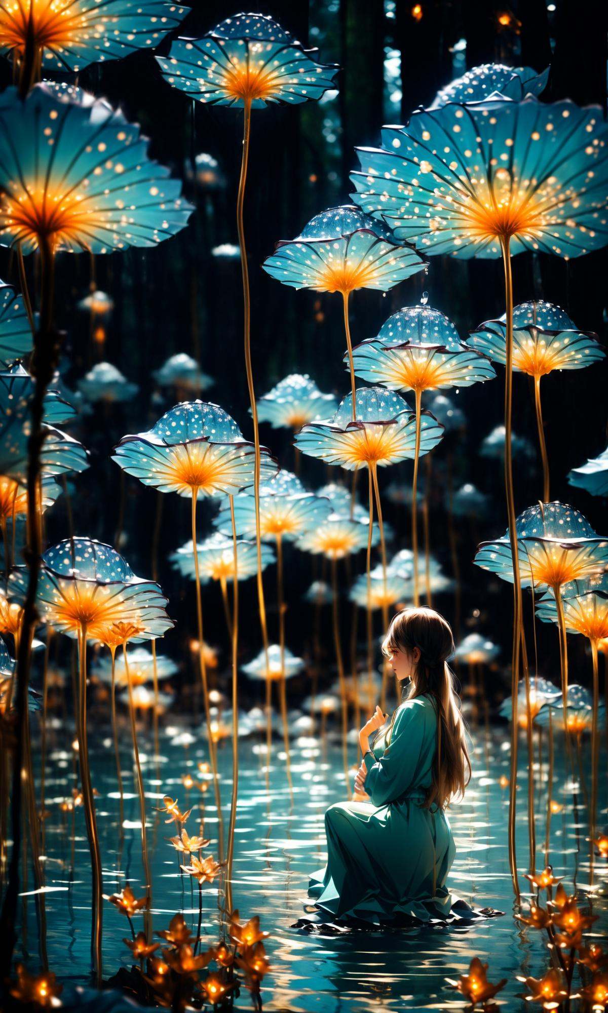wide shot, blurry background, bokeh,dark, night, depth ffield,(yellow theme:1.3),1girl, solo,from behind, facing away,fantasy, water drop,At the seashore, the horizon where water meets the sky, 1 girl, tranquil, cosplay, Mermaid Princess, sitting on a rock, cascading waves, flowing hair, shimmering scales, adorned with seashells, mesmerizing gaze, turquoise eyes, subtle makeup, curvaceous figure, wearing a pearl-studded tiara, flowing sea-blue gown, barefoot in the sand, gentle breeze, seagulls soaring above, golden sunlight, peaceful atmosphere,glowing,flower,holding, outdoors, scenery,reflection, water, ripples, light particles,forest, bare tree, silhouette,<lora:绪儿-梦幻森林:0.8>