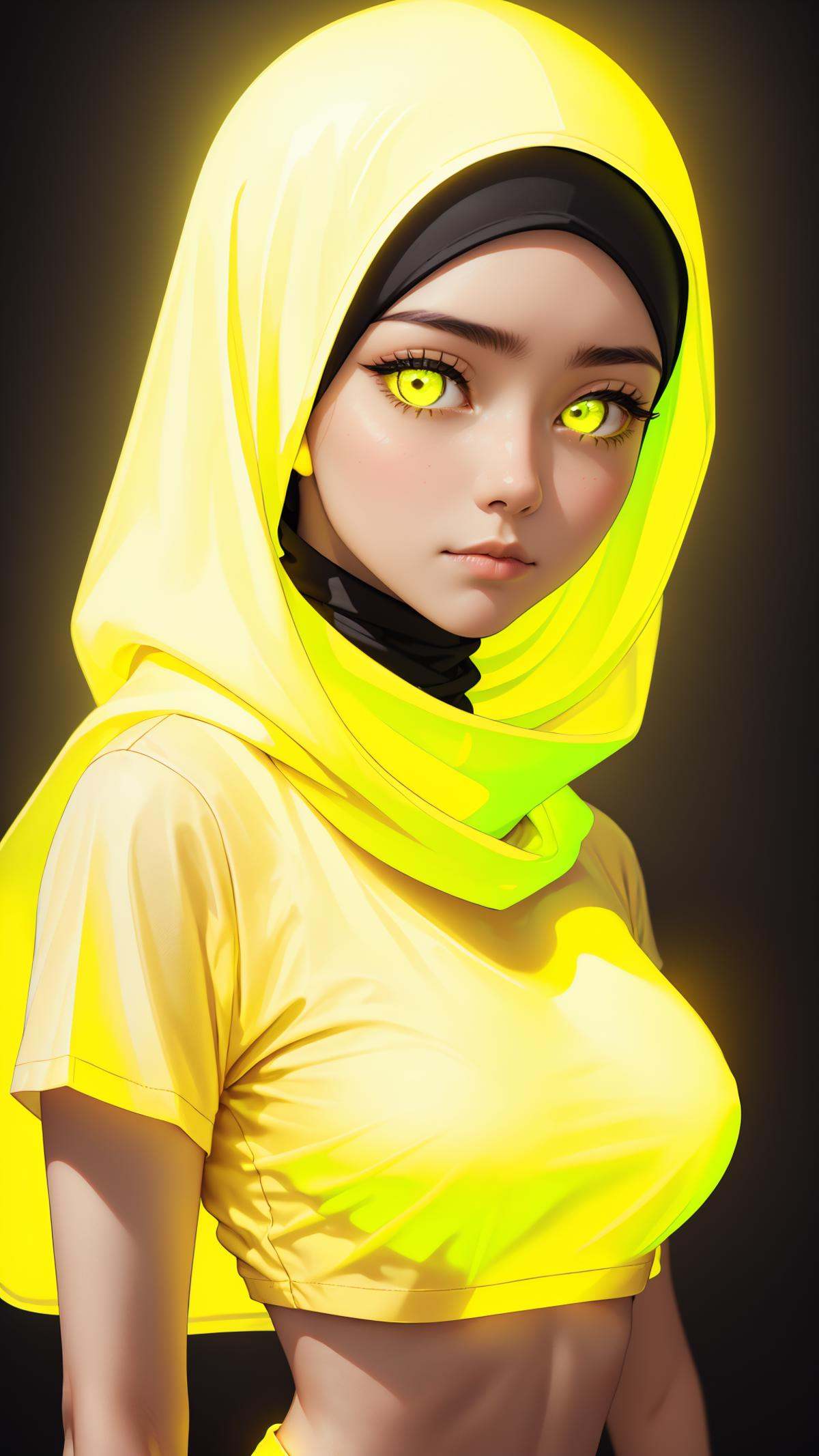 ((glowing-neon-yellow-shirt)),  (glowing-neon-yellow-hijab),  upper body portrait on Tensor.Art