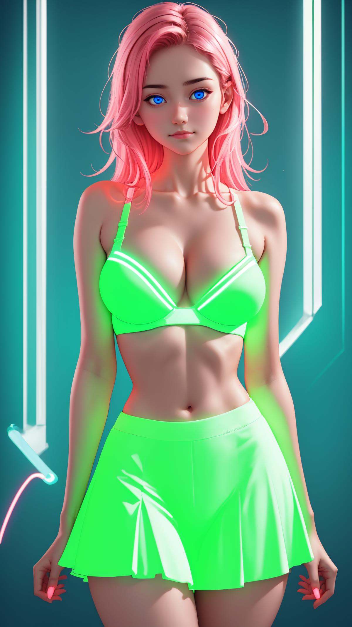 (glowing-neon-green-skirt),  (glowing-neon-green-bra),  1girl on Tensor.Art