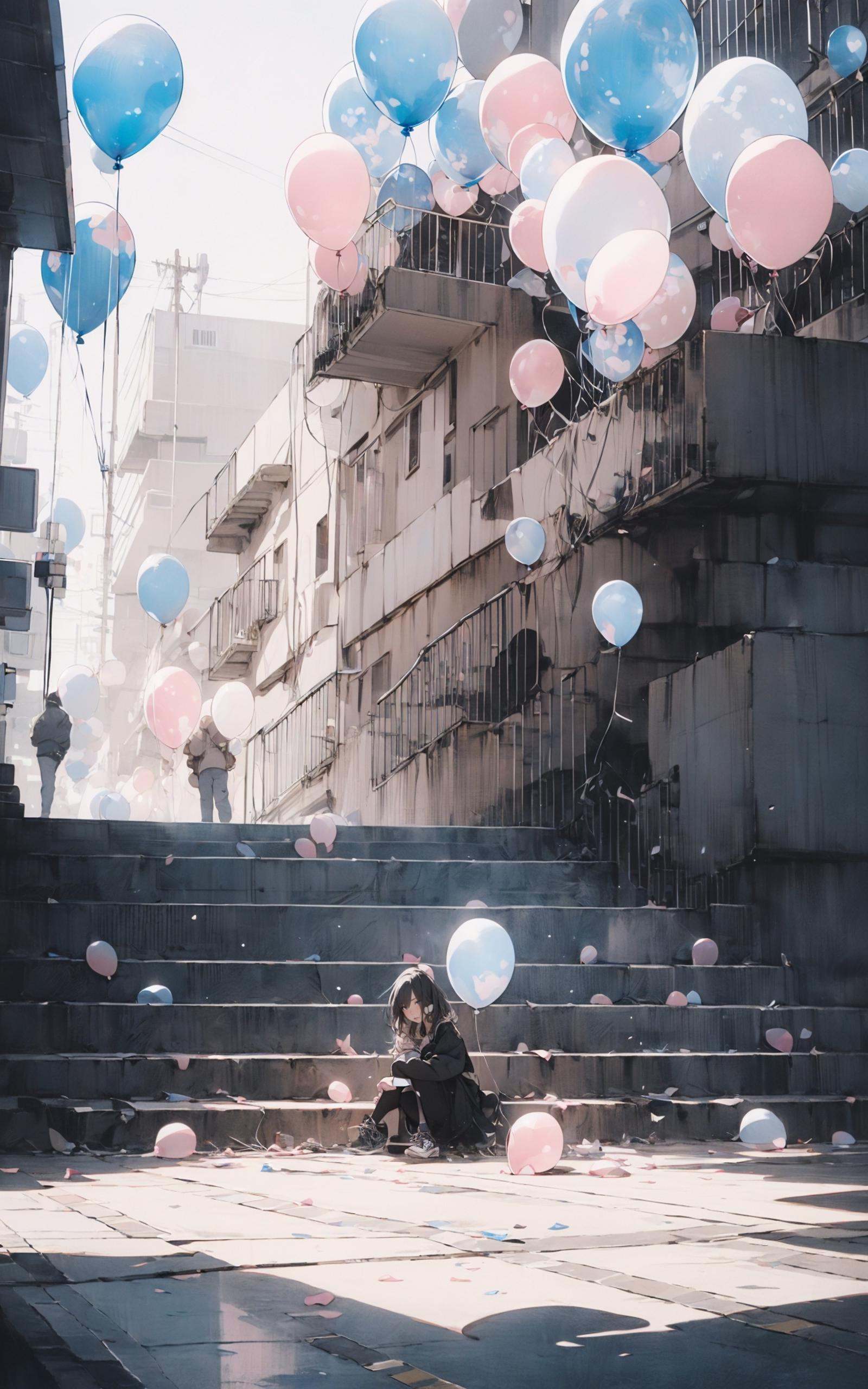 (dramatic, gritty, intense:1.4),masterpiece, best quality, 8k, insane details, intricate details, hyperdetailed, hyper quality, high detail, ultra detailed, Masterpiece, light and shade contrast，full-body image, A beautiful maiden, in a fairy dress, sat on a pale blue ball against a background of three transparent pink balloons, Hair rings, blue sky and white clouds,light pinkand black, surreal urban scenes, kenro izu,traditional portrait painting, unified stageimages,<lora:balloon_20230803194309:0.3>