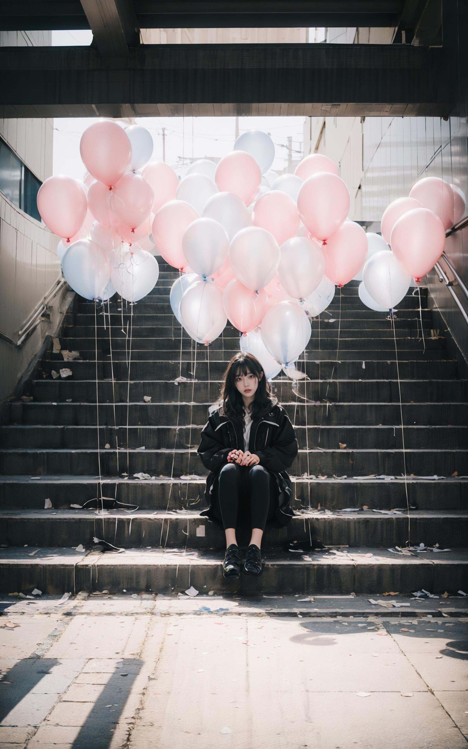 (dramatic, gritty, intense:1.4),masterpiece, best quality, 8k, insane details, intricate details, hyperdetailed, hyper quality, high detail, ultra detailed, Masterpiece, light and shade contrast，full-body image, A beautiful maiden, in a fairy dress, sat on a pale blue ball against a background of three transparent pink balloons, Hair rings, blue sky and white clouds,light pinkand black, surreal urban scenes, kenro izu,traditional portrait painting, unified stageimages,