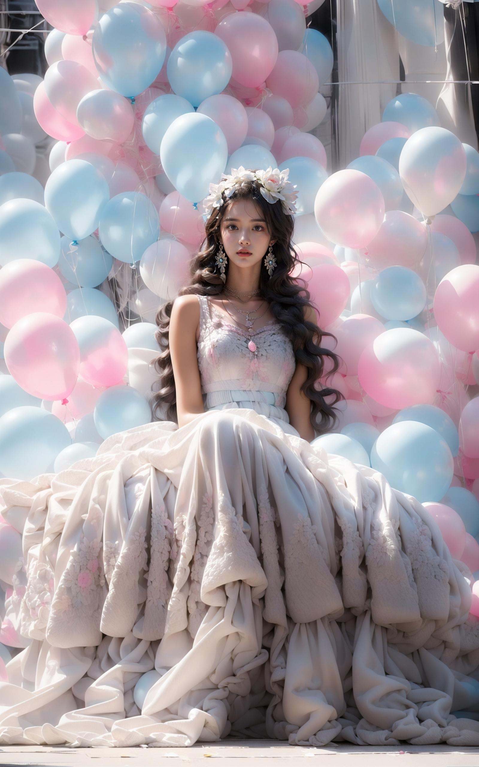 (dramatic, gritty, intense:1.4),masterpiece, best quality, 8k, insane details, intricate details, hyperdetailed, hyper quality, high detail, ultra detailed, Masterpiece, light and shade contrast，full-body image, A beautiful maiden, in a fairy dress, sat on a pale blue ball against a background of three transparent pink balloons, Hair rings, blue sky and white clouds,light pinkand black, surreal urban scenes, kenro izu,traditional portrait painting, unified stageimages,