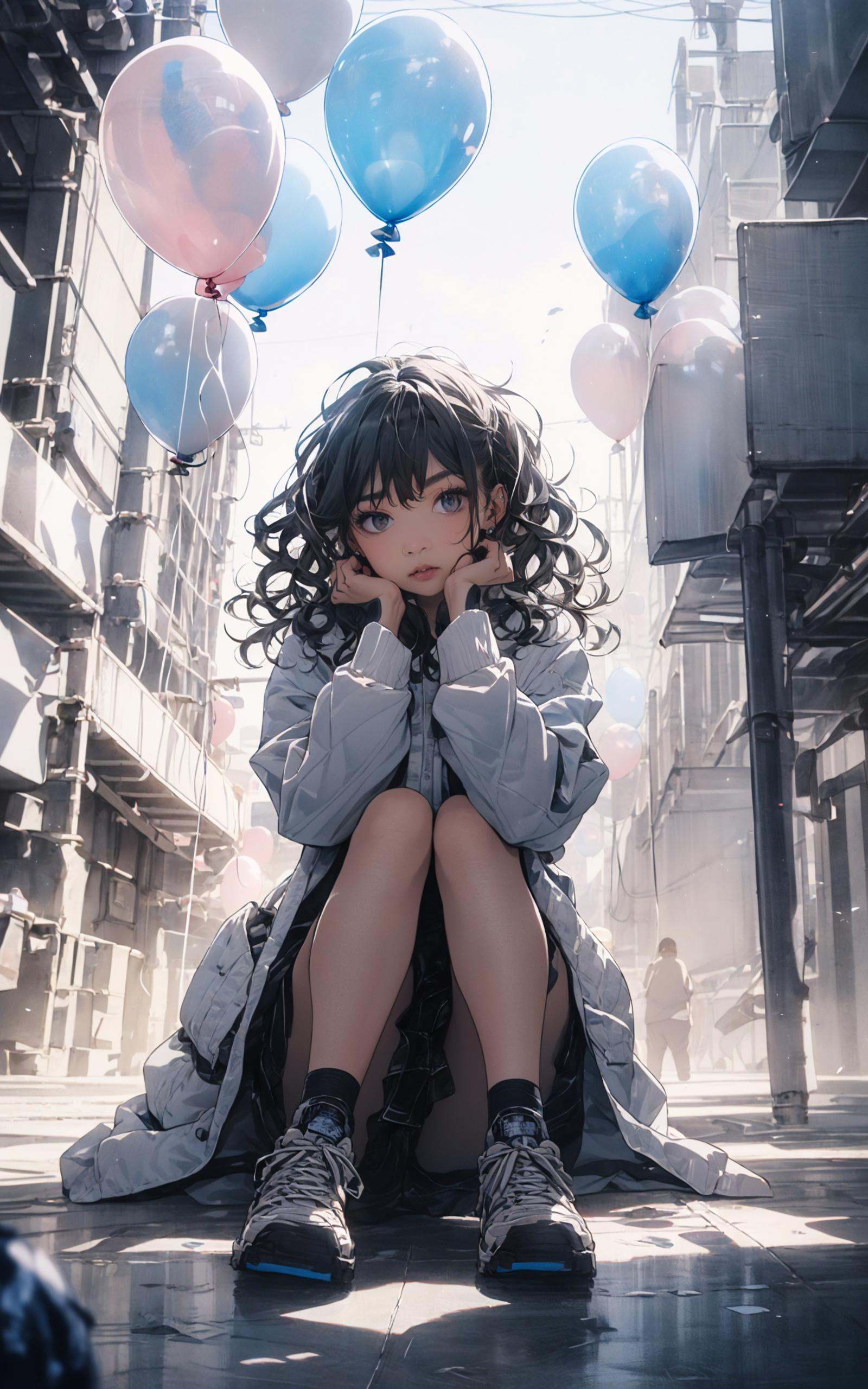 (dramatic, gritty, intense:1.4),masterpiece, best quality, 8k, insane details, intricate details, hyperdetailed, hyper quality, high detail, ultra detailed, Masterpiece, light and shade contrast，The girl Sitting formation of balloons on，the ground, the ground, the style of the Kawaguchi icerink, cheerfulrunning movements, light pinkand black, surreal urban scenes, kenro izu,traditional portrait painting, unified stageimages, zeiss milvus 25mmf/1.4ze <lora:balloon_20230803194309:1>