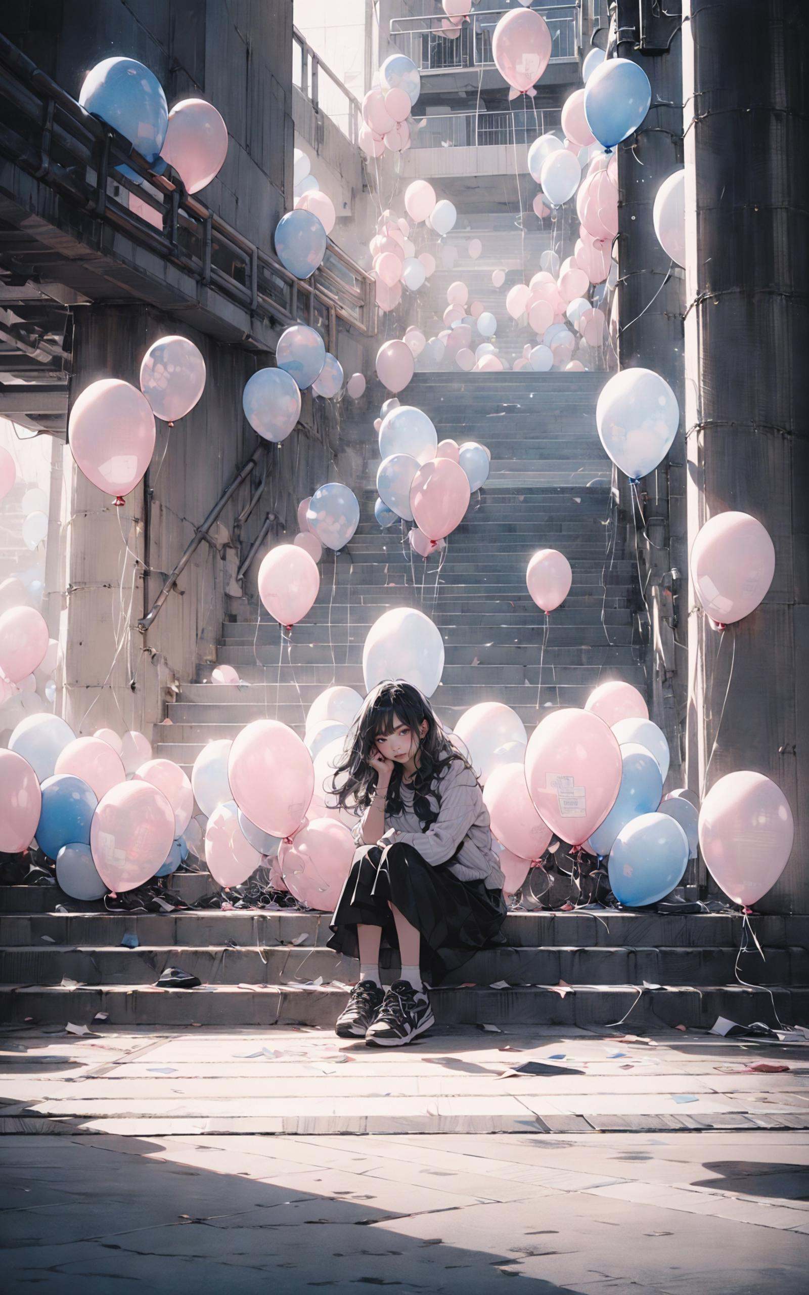 (dramatic, gritty, intense:1.4),masterpiece, best quality, 8k, insane details, intricate details, hyperdetailed, hyper quality, high detail, ultra detailed, Masterpiece, light and shade contrast，The girl Sitting formation of balloons on，the ground, the ground, the style of the Kawaguchi icerink, cheerfulrunning movements, light pinkand black, surreal urban scenes, kenro izu,traditional portrait painting, unified stageimages, zeiss milvus 25mmf/1.4ze  <lora:balloon_20230803194309:1>