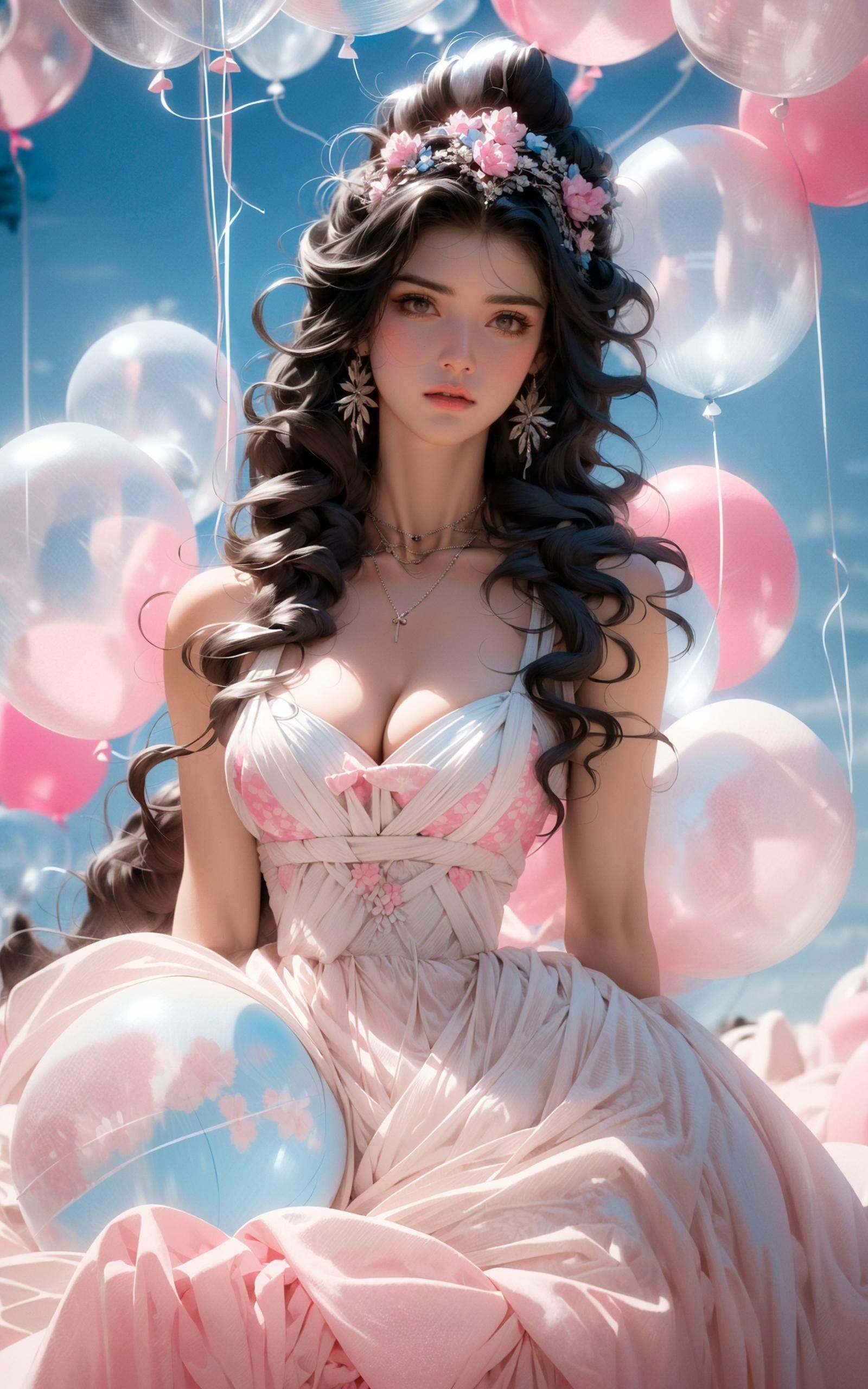 (dramatic, gritty, intense:1.4),masterpiece, best quality, 8k, insane details, intricate details, hyperdetailed, hyper quality, high detail, ultra detailed, Masterpiece, light and shade contrast，full-body image, A beautiful maiden, in a fairy dress, sat on a pale blue ball against a background of three transparent pink balloons, Hair rings, blue sky and white clouds,light pinkand black, surreal urban scenes, kenro izu,traditional portrait painting, unified stageimages,