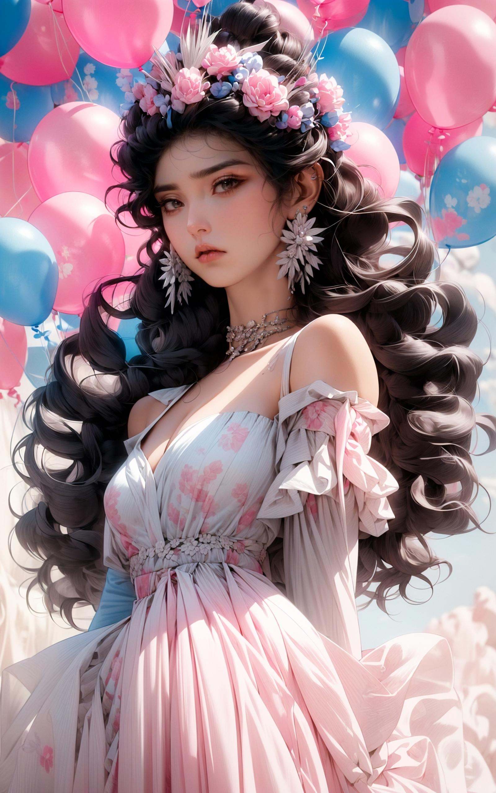 (dramatic, gritty, intense:1.4),masterpiece, best quality, 8k, insane details, intricate details, hyperdetailed, hyper quality, high detail, ultra detailed, Masterpiece, light and shade contrast，full-body image, A beautiful maiden, in a fairy dress, sat on a pale blue ball against a background of three transparent pink balloons, Hair rings, blue sky and white clouds,light pinkand black, surreal urban scenes, kenro izu,traditional portrait painting, unified stageimages,