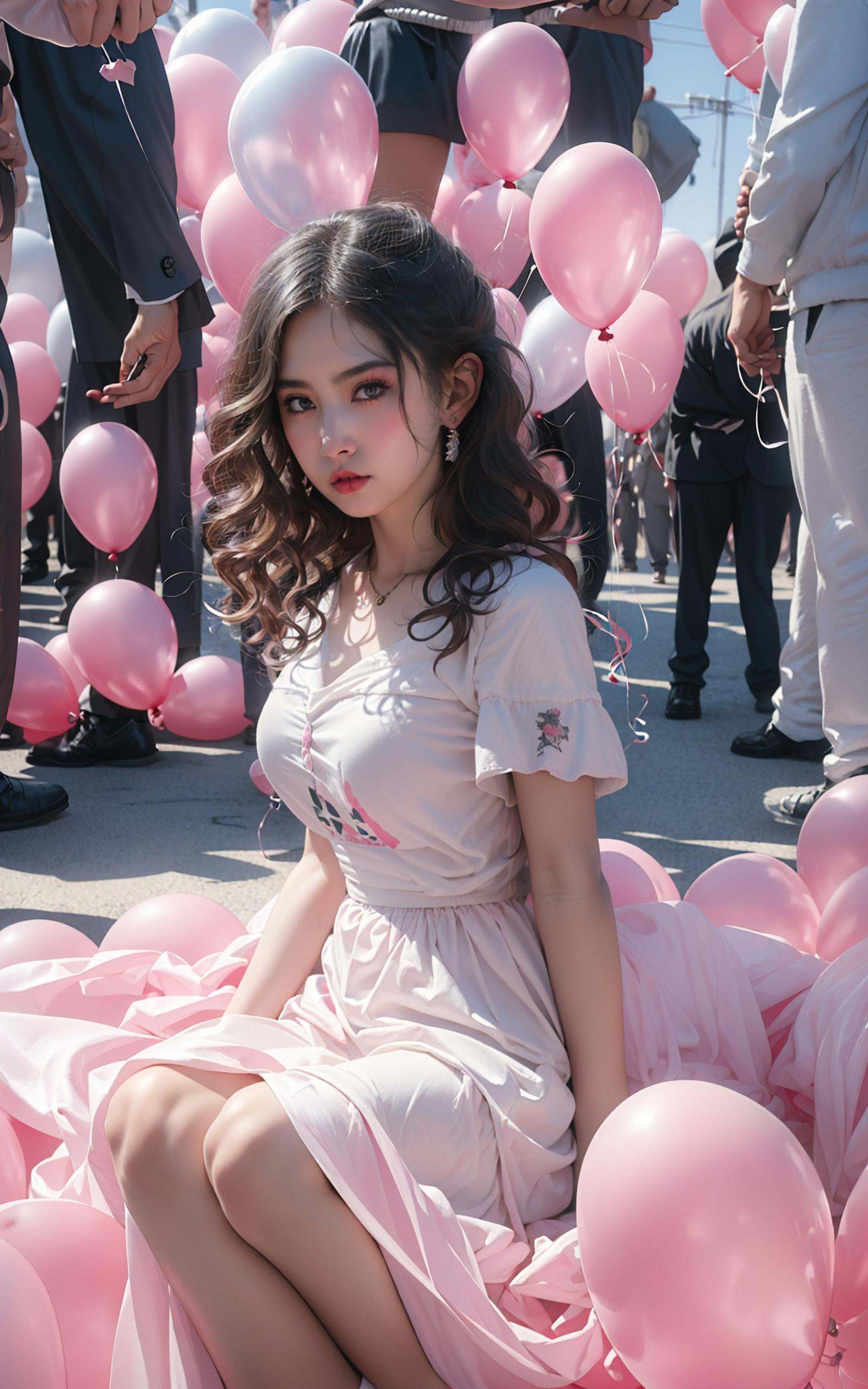 (dramatic, gritty, intense:1.4),masterpiece, best quality, 8k, insane details, intricate details, hyperdetailed, hyper quality, high detail, ultra detailed, Masterpiece, light and shade contrast，The girl Sitting formation of balloons on，the ground, the ground, the style of the Kawaguchi icerink, cheerfulrunning movements, light pinkand black, surreal urban scenes, kenro izu,traditional portrait painting, unified stageimages, zeiss milvus 25mmf/1.4ze <lora:balloon_20230803194309:1>