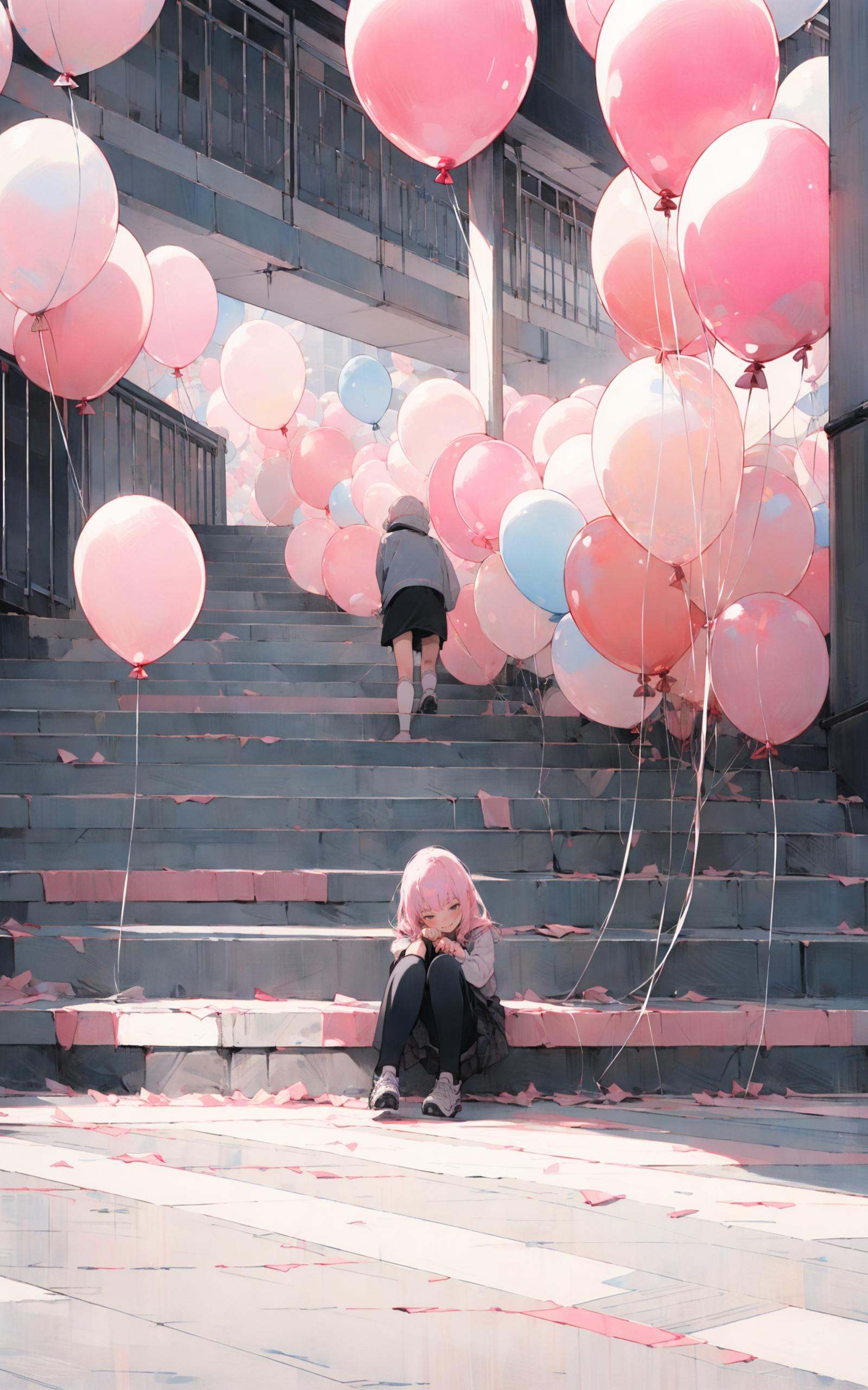 The girl Sitting formation of balloons on，the ground, the ground, the style of the Kawaguchi icerink, cheerfulrunning movements, light pinkand black, surreal urban scenes, kenro izu,traditional portrait painting, unified stageimages, zeiss milvus 25mmf/1.4ze  <lora:balloon_20230803194309:0.8>