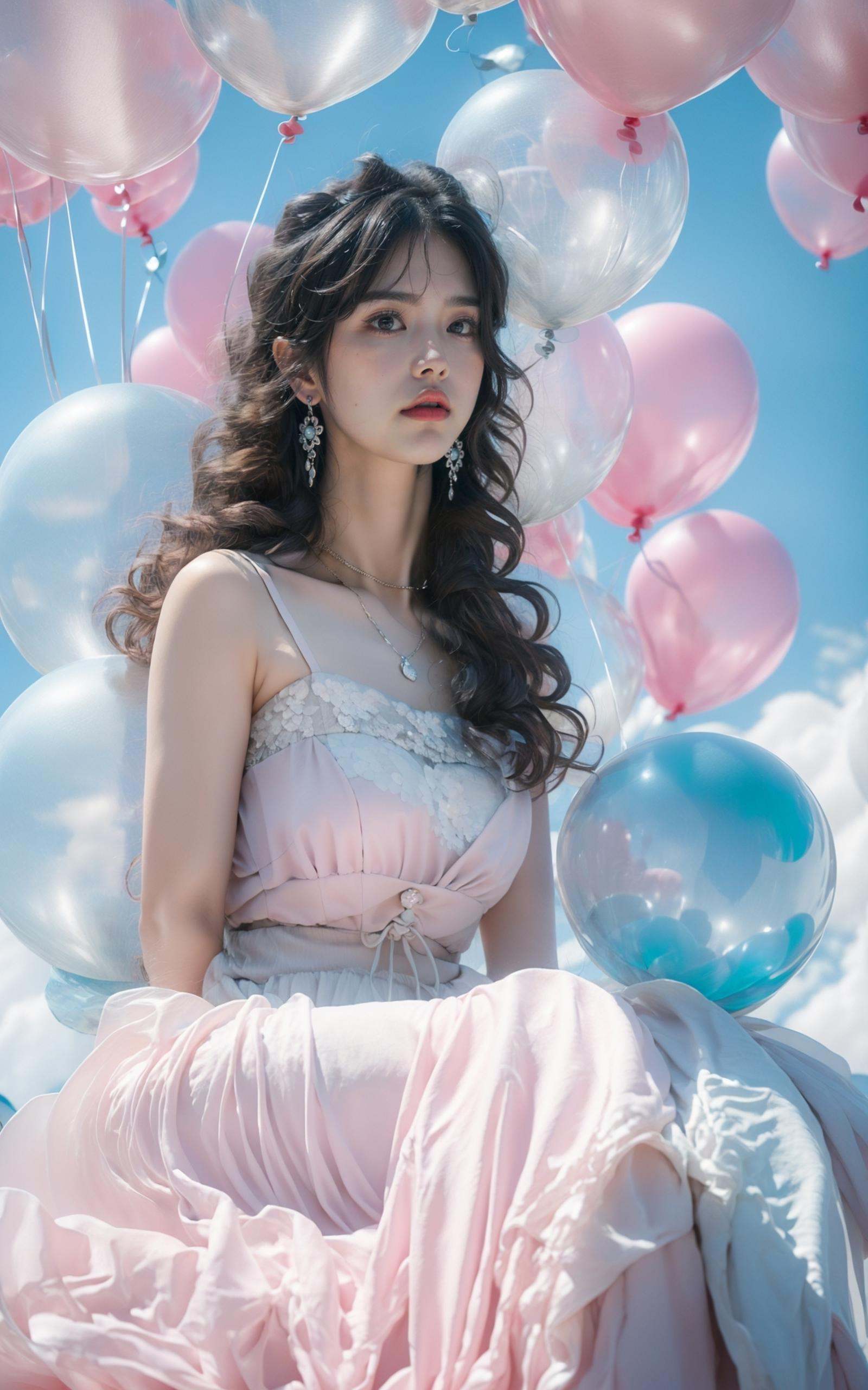 (dramatic, gritty, intense:1.4),masterpiece, best quality, 8k, insane details, intricate details, hyperdetailed, hyper quality, high detail, ultra detailed, Masterpiece, light and shade contrast，full-body image, A beautiful maiden, in a fairy dress, sat on a pale blue ball against a background of three transparent pink balloons, Hair rings, blue sky and white clouds,light pinkand black, surreal urban scenes, kenro izu,traditional portrait painting, unified stageimages,