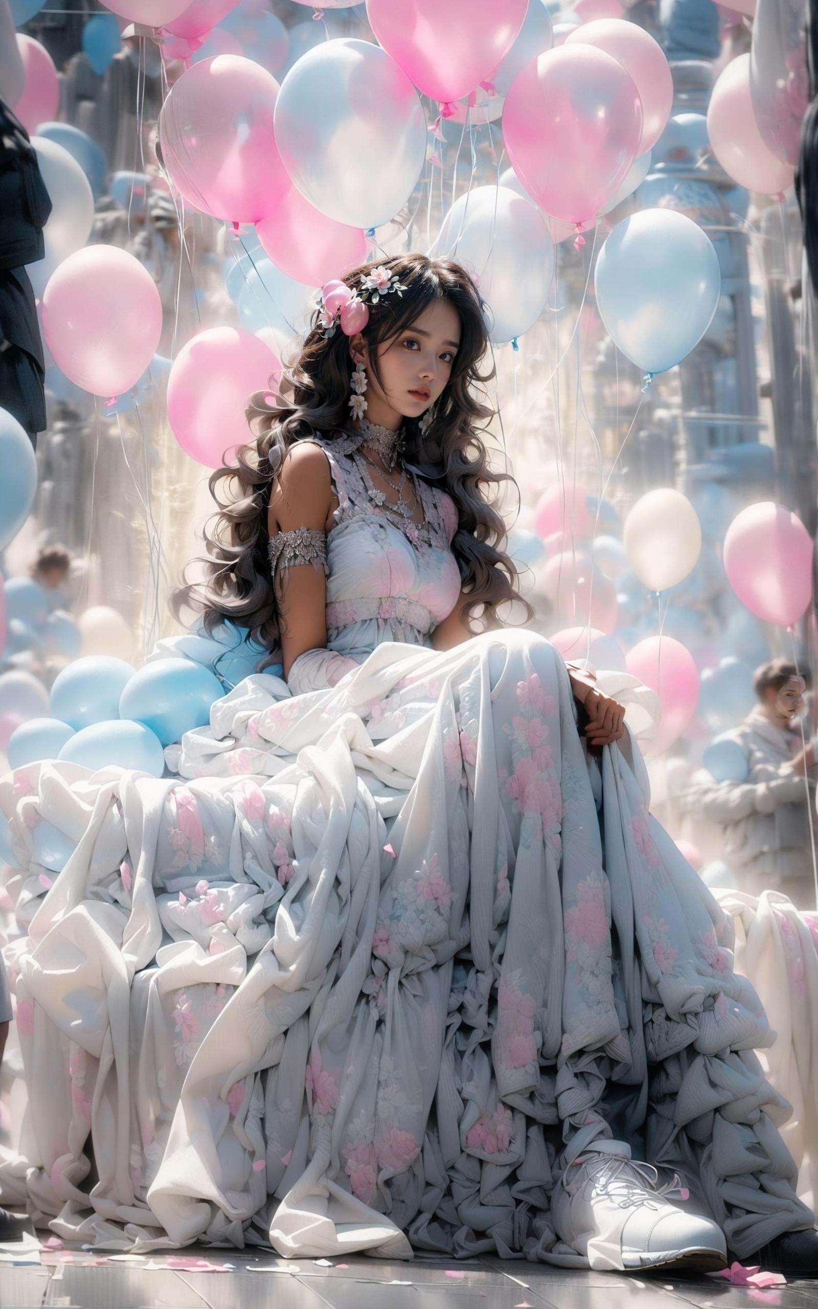 (dramatic, gritty, intense:1.4),masterpiece, best quality, 8k, insane details, intricate details, hyperdetailed, hyper quality, high detail, ultra detailed, Masterpiece, light and shade contrast，full-body image, A beautiful maiden, in a fairy dress, sat on a pale blue ball against a background of three transparent pink balloons, Hair rings, blue sky and white clouds,light pinkand black, surreal urban scenes, kenro izu,traditional portrait painting, unified stageimages,