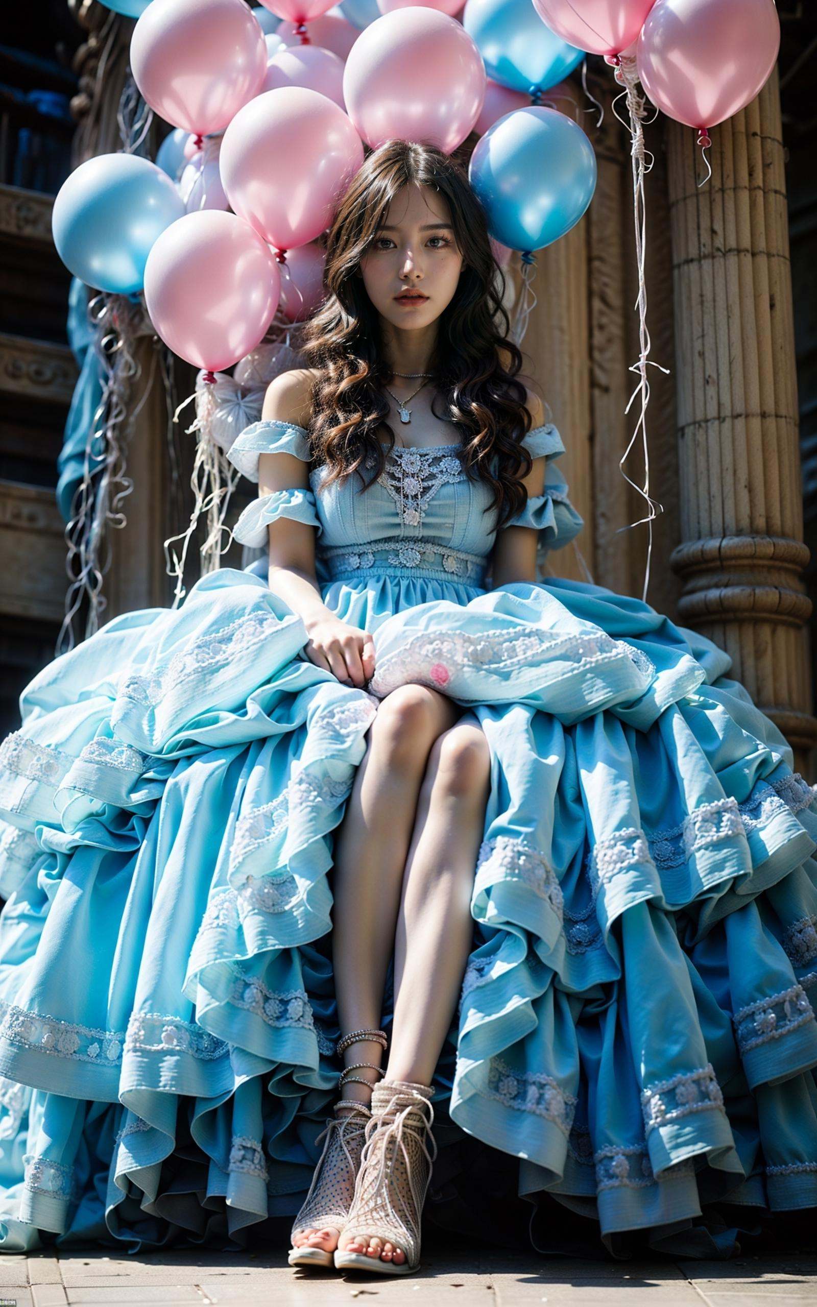(dramatic, gritty, intense:1.4),masterpiece, best quality, 8k, insane details, intricate details, hyperdetailed, hyper quality, high detail, ultra detailed, Masterpiece, light and shade contrast，full-body image, A beautiful maiden, in a fairy dress, sat on a pale blue ball against a background of three transparent pink balloons, Hair rings, blue sky and white clouds,light pinkand black, surreal urban scenes, kenro izu,traditional portrait painting, unified stageimages,