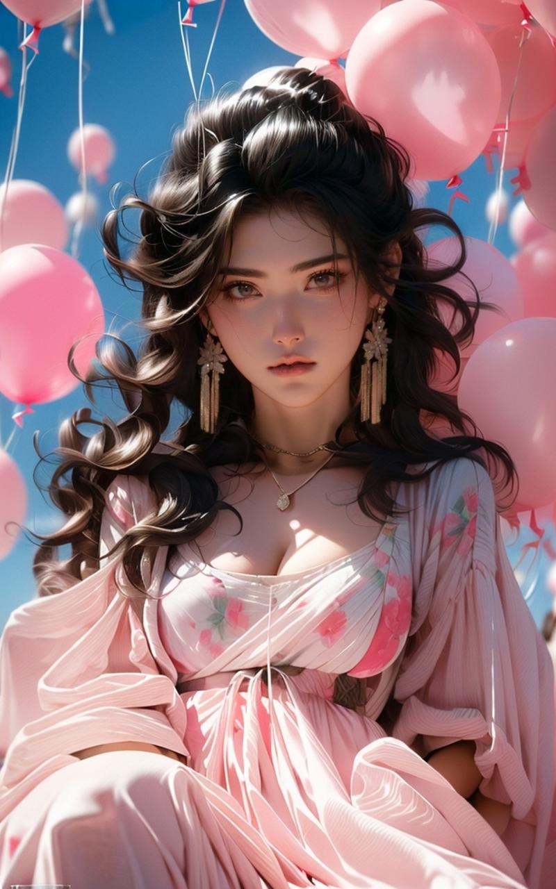 (dramatic, gritty, intense:1.4),masterpiece, best quality, 8k, insane details, intricate details, hyperdetailed, hyper quality, high detail, ultra detailed, Masterpiece, light and shade contrast，full-body image, A beautiful maiden, in a fairy dress, sat on a pale blue ball against a background of three transparent pink balloons, Hair rings, blue sky and white clouds,light pinkand black, surreal urban scenes, kenro izu,traditional portrait painting, unified stageimages,