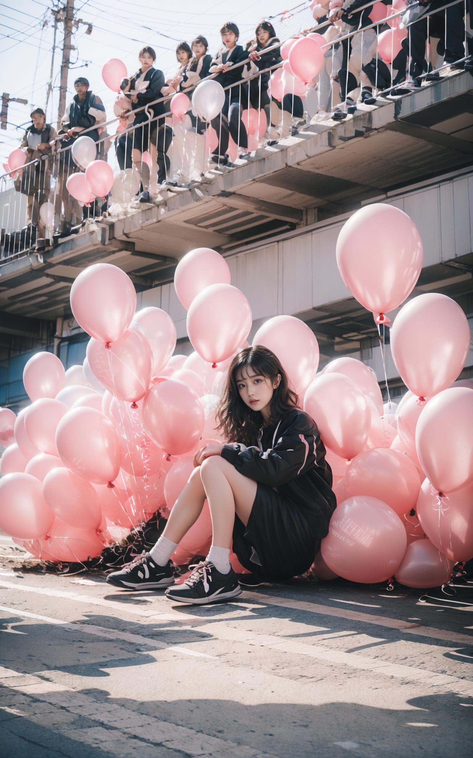 (dramatic, gritty, intense:1.4),masterpiece, best quality, 8k, insane details, intricate details, hyperdetailed, hyper quality, high detail, ultra detailed, Masterpiece, light and shade contrast，full-body image, A beautiful maiden, in a fairy dress, sat on a pale blue ball against a background of three transparent pink balloons, Hair rings, blue sky and white clouds,light pinkand black, surreal urban scenes, kenro izu,traditional portrait painting, unified stageimages,