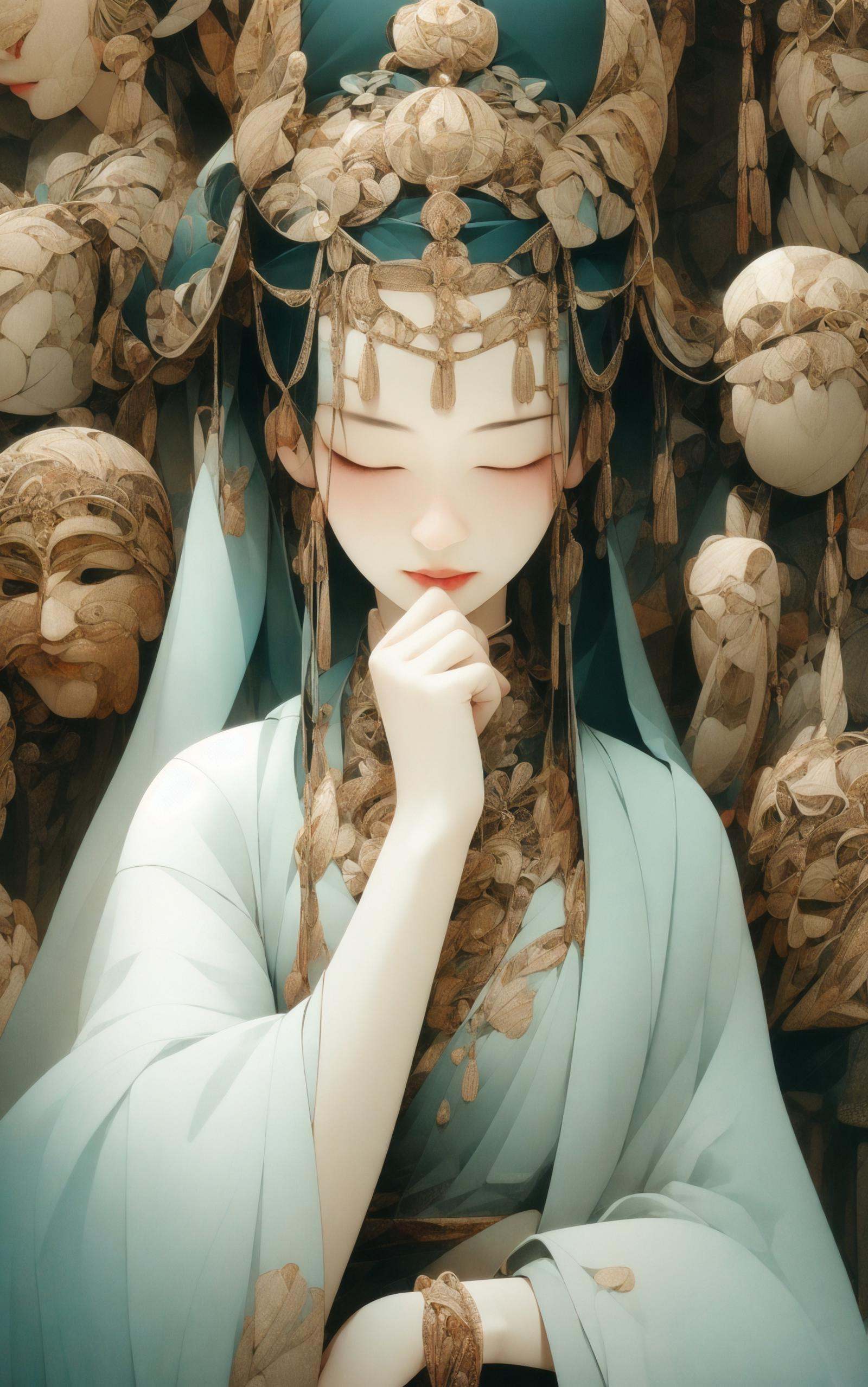 a woman meditating in front of lots of masks, in the style of zhang jingna, photomontage, hirohiko araki, oriental, sergio toppi, theatrical, poster art， <lora:绪儿已成精-佛:0.8>