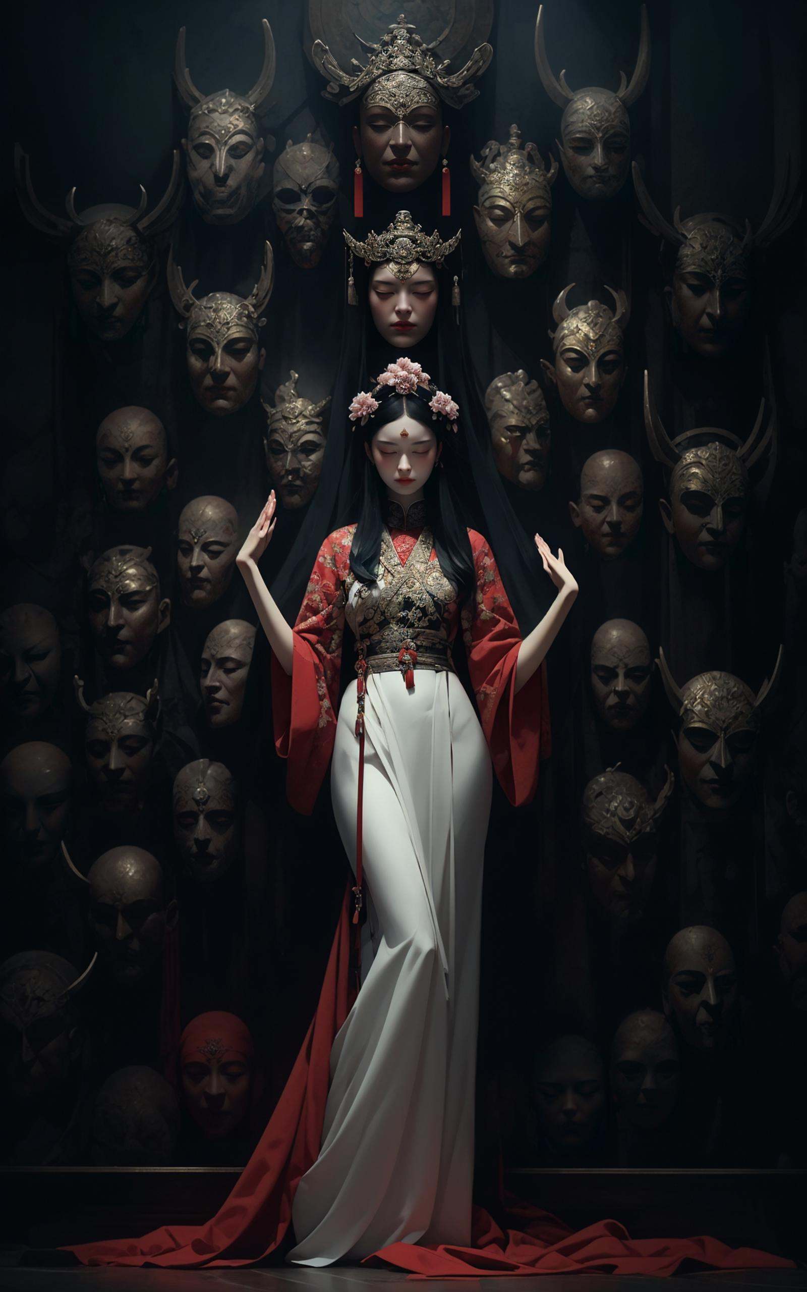 a woman meditating in front of lots of masks, in the style of zhang jingna, photomontage, hirohiko araki, oriental, sergio toppi, theatrical, poster art，(full body:1.5),<lora:绪儿已成精-佛:0.8>