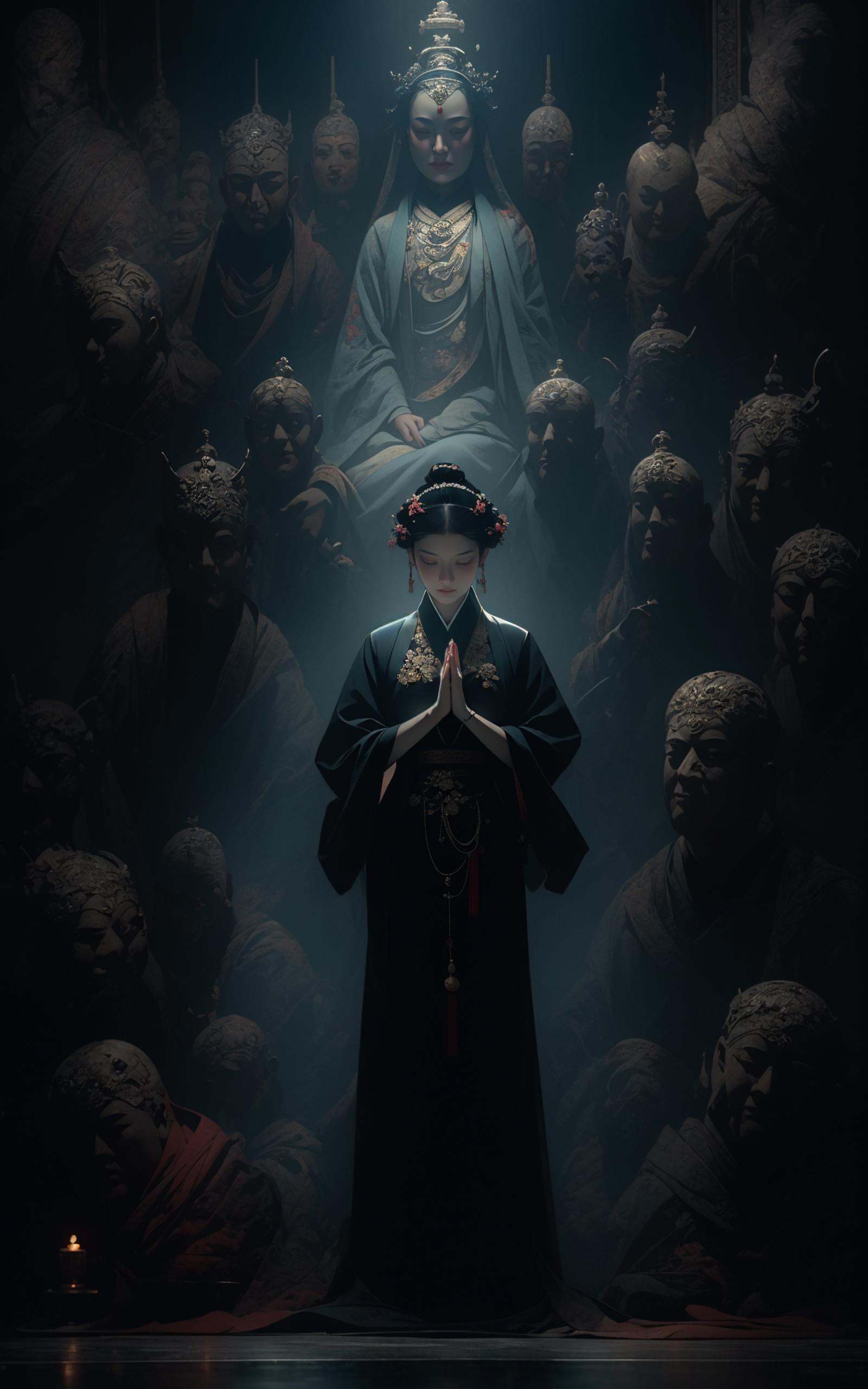 a woman meditating in front of lots of masks, in the style of zhang jingna, photomontage, hirohiko araki, oriental, sergio toppi, theatrical, poster art，(full body:1.5),<lora:绪儿已成精-佛:0.8>