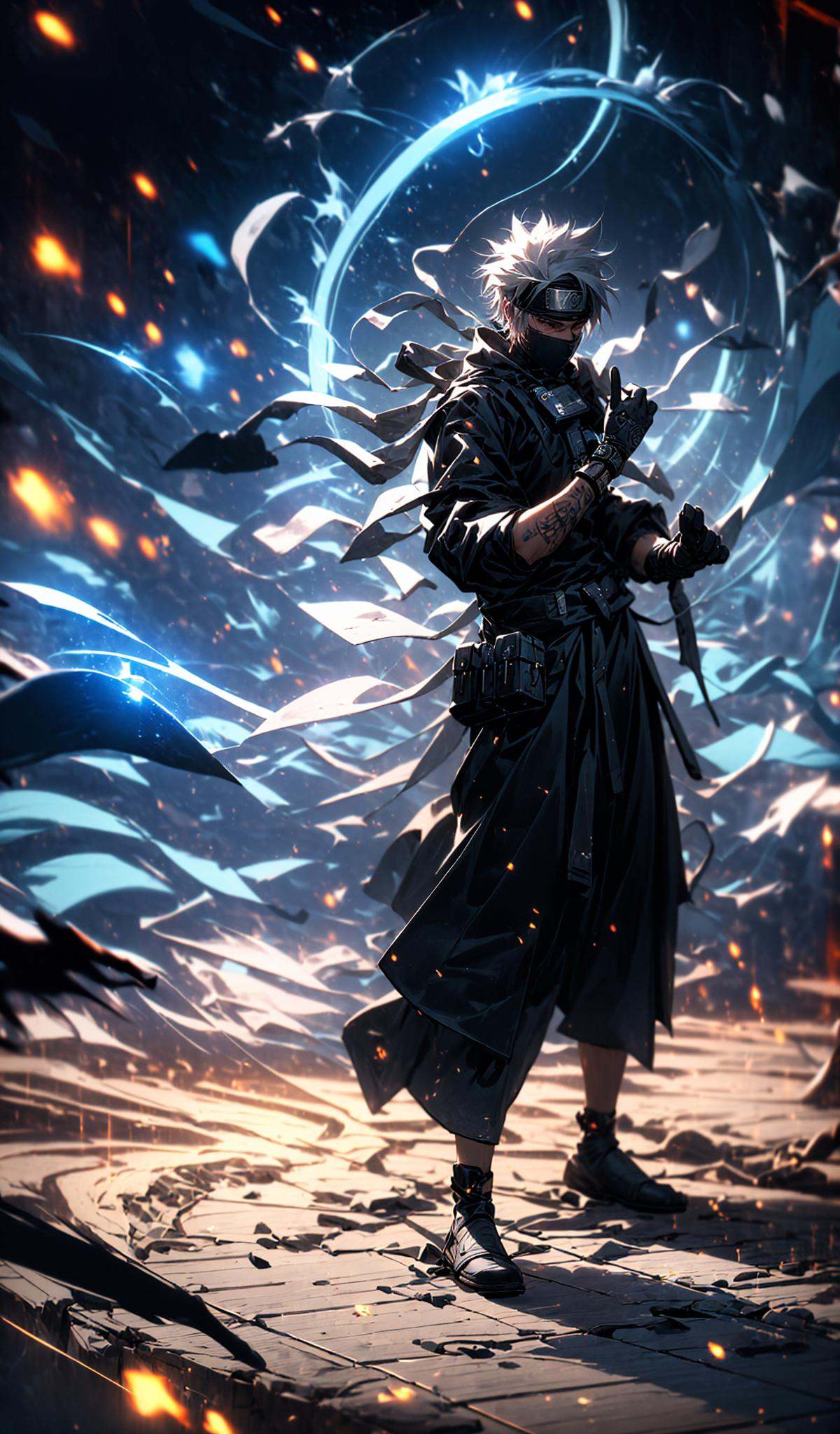 (dramatic, gritty, intense:1.4),masterpiece, best quality, 8k, insane details, intricate details, hyperdetailed, hyper quality, high detail, ultra detailed, Masterpiece, (full body:1.5), (imid shot,macro shot:1.25),Kakashi Hatake in Naruto, holographic reality, holographic halo, motion blur, game light effect, rim light, soft light, movie rim light, delicate light, cyberpunk style, oil painting texture, full length shot, 3D artist, detailed, futuristic, lightning,  <lora:Kakashi Hatake_20230802113200:0.8>