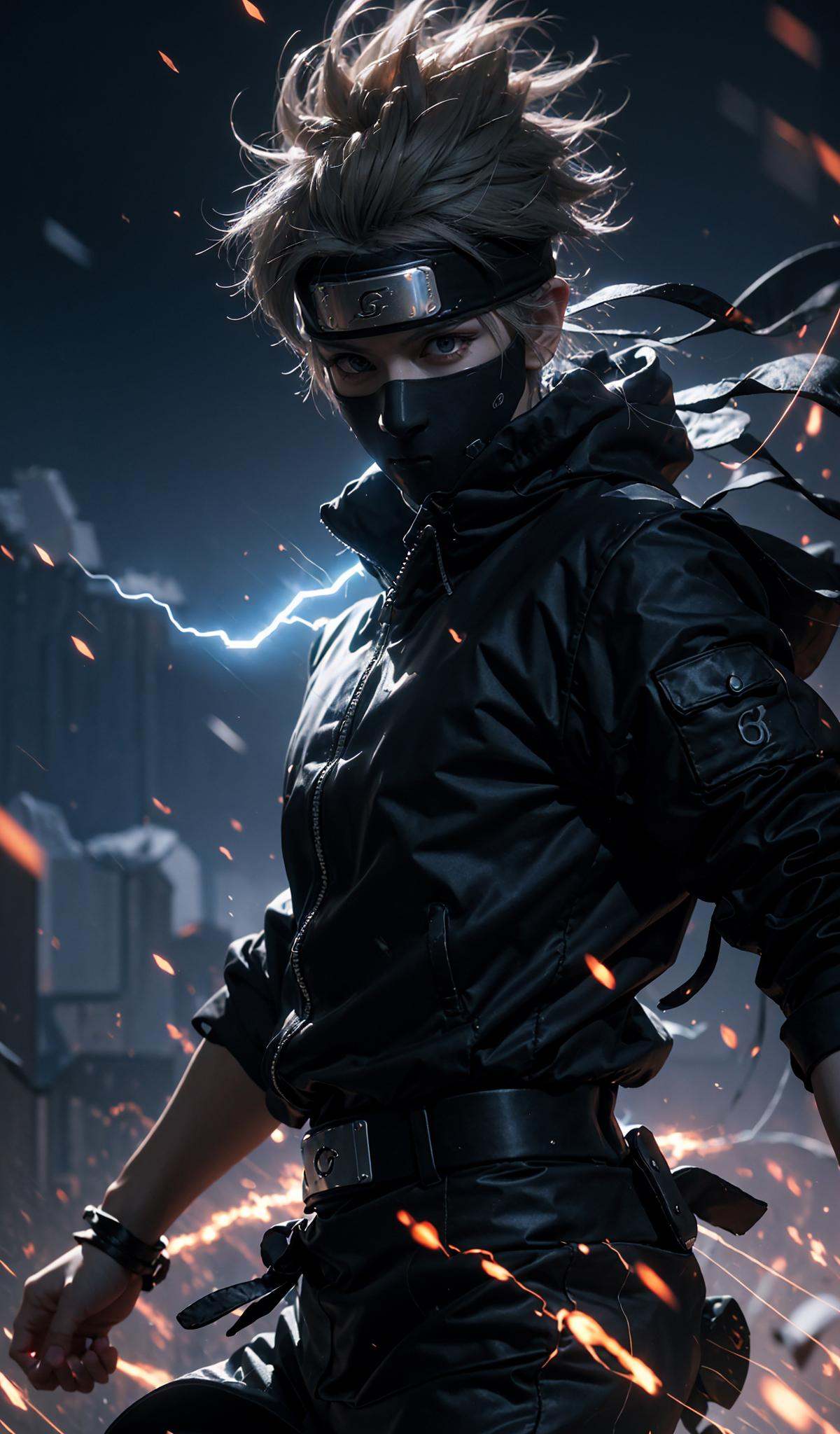 (dramatic, gritty, intense:1.4),masterpiece, best quality, 8k, insane details, intricate details, hyperdetailed, hyper quality, high detail, ultra detailed, Masterpiece,upper body, close-up,(imid shot,macro shot:1.25),Kakashi Hatake in Naruto, holographic reality, holographic halo, motion blur, game light effect, rim light, soft light, movie rim light, delicate light, cyberpunk style, oil painting texture, full length shot, 3D artist, detailed, futuristic, lightning,  <lora:Kakashi Hatake_20230802113200:0.8>