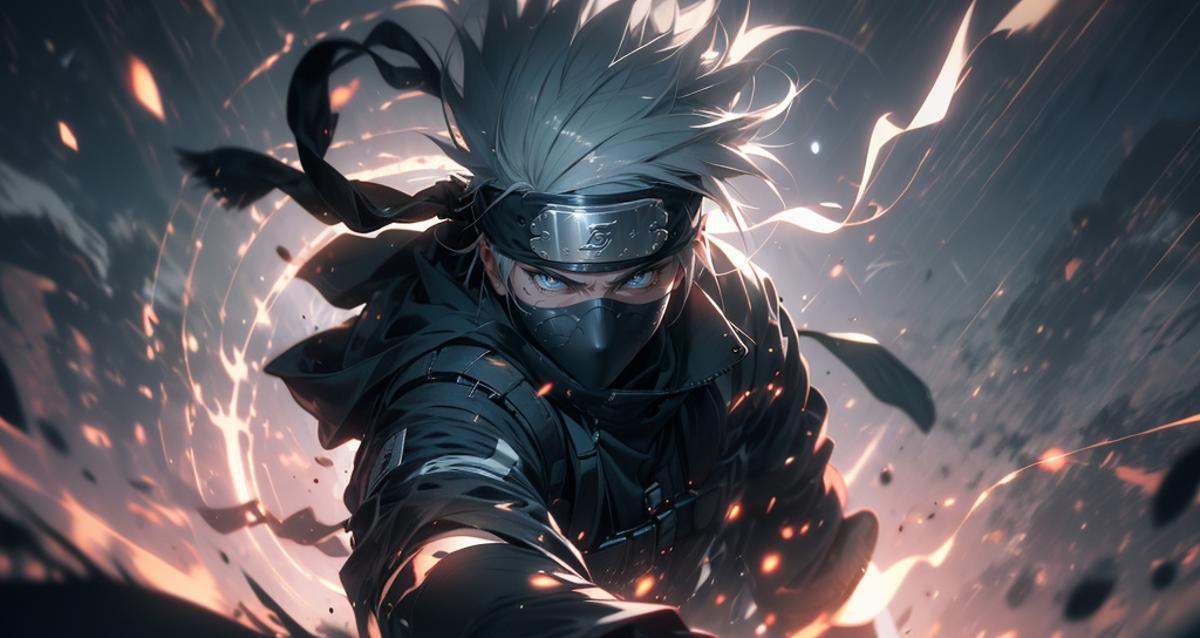 (dramatic, gritty, intense:1.4),masterpiece, best quality, 8k, insane details, intricate details, hyperdetailed, hyper quality, high detail, ultra detailed, Masterpiece,upper body, close-up,(imid shot,macro shot:1.25),Kakashi,Kakashi Hatake in Naruto, holographic reality, holographic halo, motion blur, game light effect, rim light, soft light, movie rim light, delicate light, cyberpunk style, oil painting texture, full length shot, 3D artist, detailed, futuristic, lightning, <lora:Kakashi Hatake_20230802113200-000018:0.8>